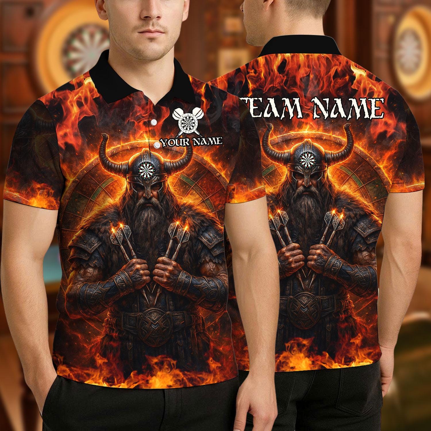 Viking T-Shirt - Personalized Name Dart Polo Shirt, Viking Fire Warrior Darts Design, Custom Team