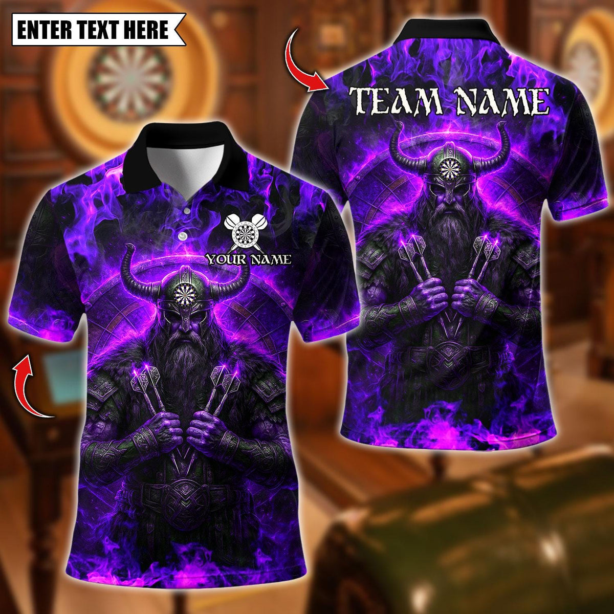 Viking T-Shirt - Personalized Name Dart Polo Shirt, Viking Fire Warrior Darts Design, Custom Team