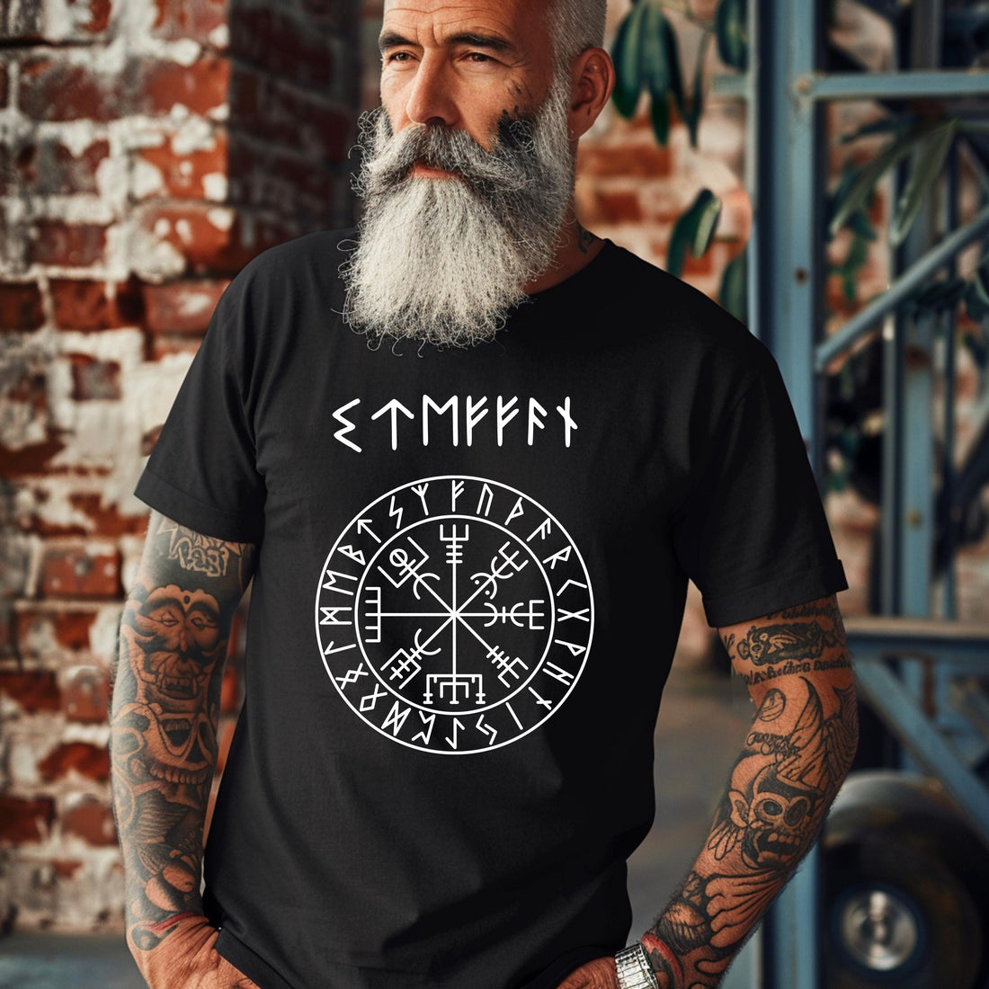 Viking Vegvisir Compass T-Shirt - NAME in RUNES + Vegvisir, REAL Futhark rune style up to 5xl
