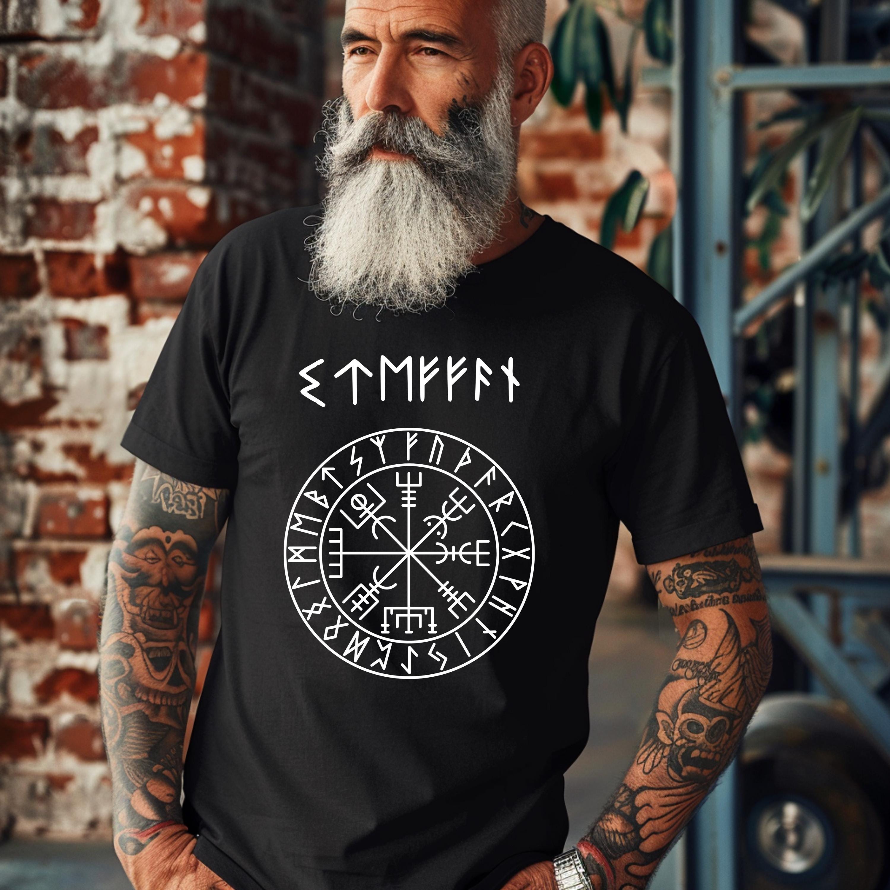 Viking Vegvisir Compass T-Shirt - NAME in RUNES + Vegvisir, REAL Futhark rune style up to 5xl