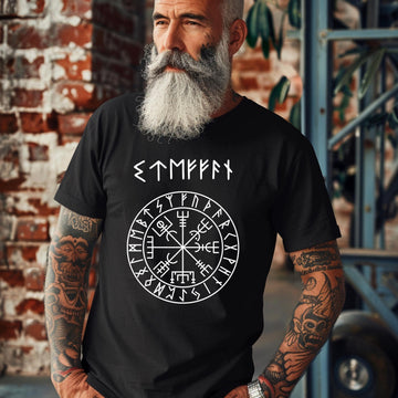 Viking Vegvisir Compass T-Shirt - NAME in RUNES + Vegvisir, REAL Futhark rune style up to 5xl