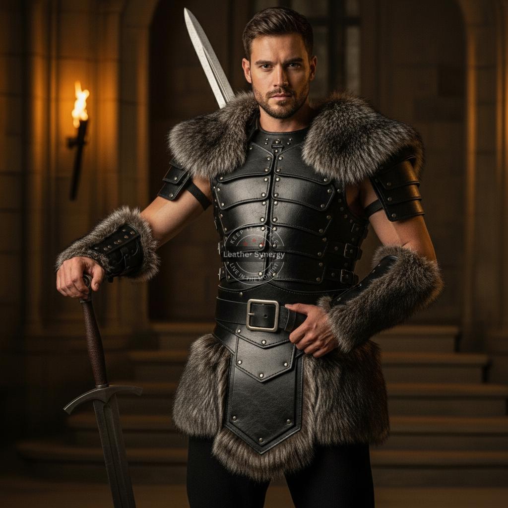 Viking Jacket - Viking Jarl Leather Coat Men Fur Collar Norse Warrior Medieval Fantasy Cosplay