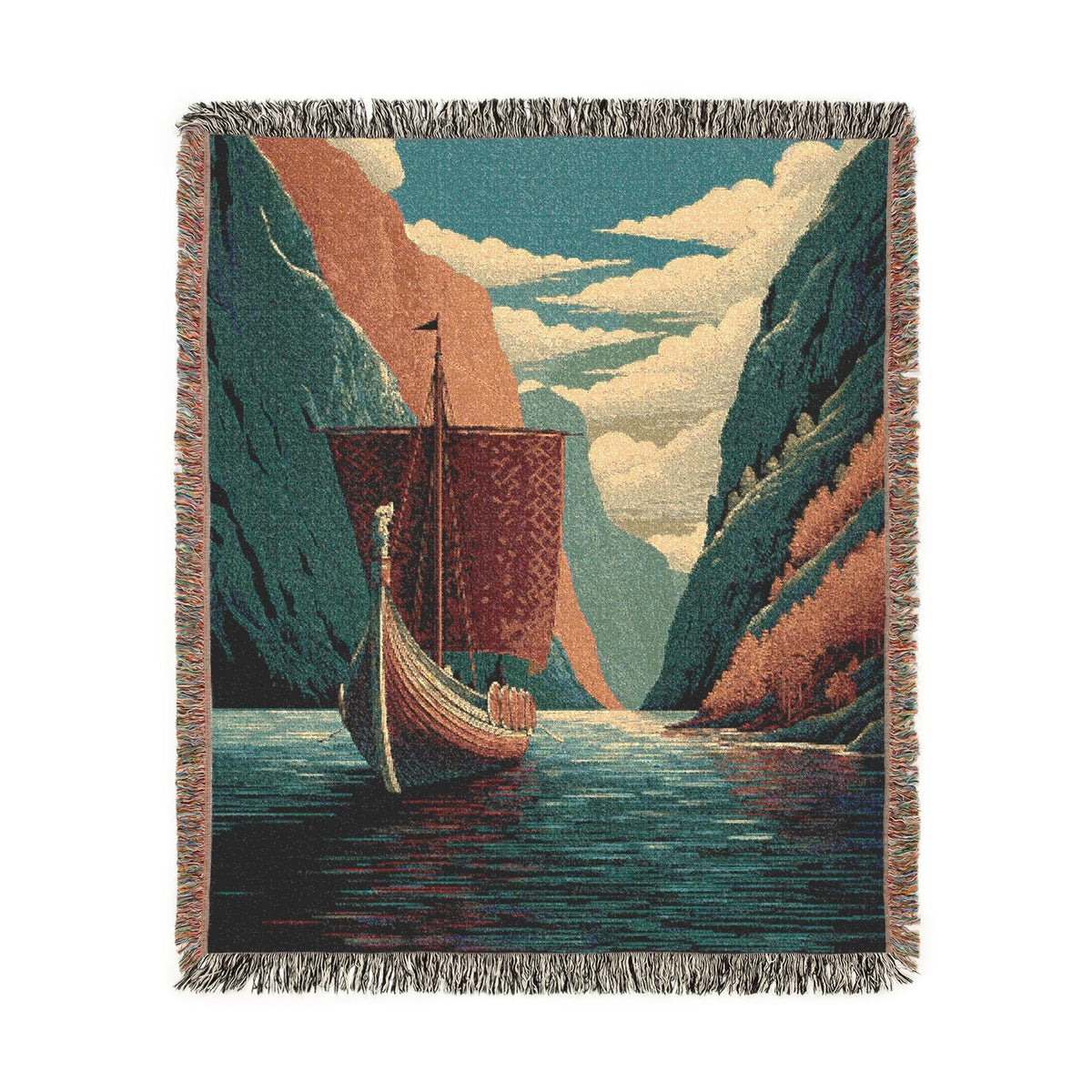Viking Blanket - Viking Mountain Fjord and Longboat Soft Fleece Blanket - Viking Art Blanket - Gift