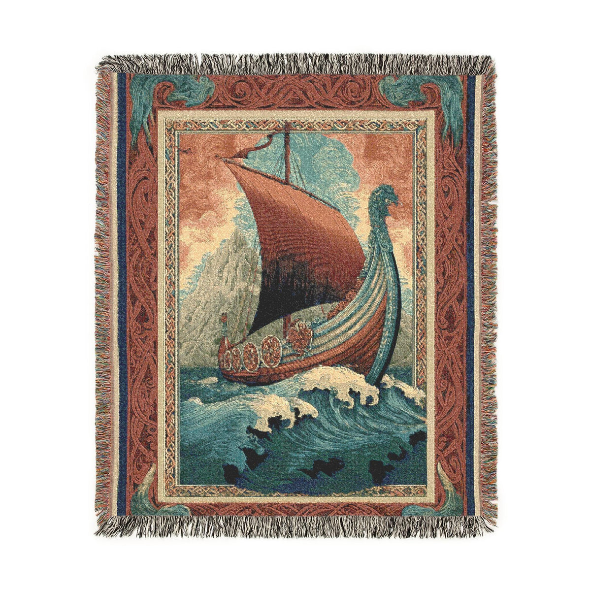 Viking Longship Blanket - Viking Longship Woven Blanket, Norse Storm Sea Tapestry, Dragon Boat