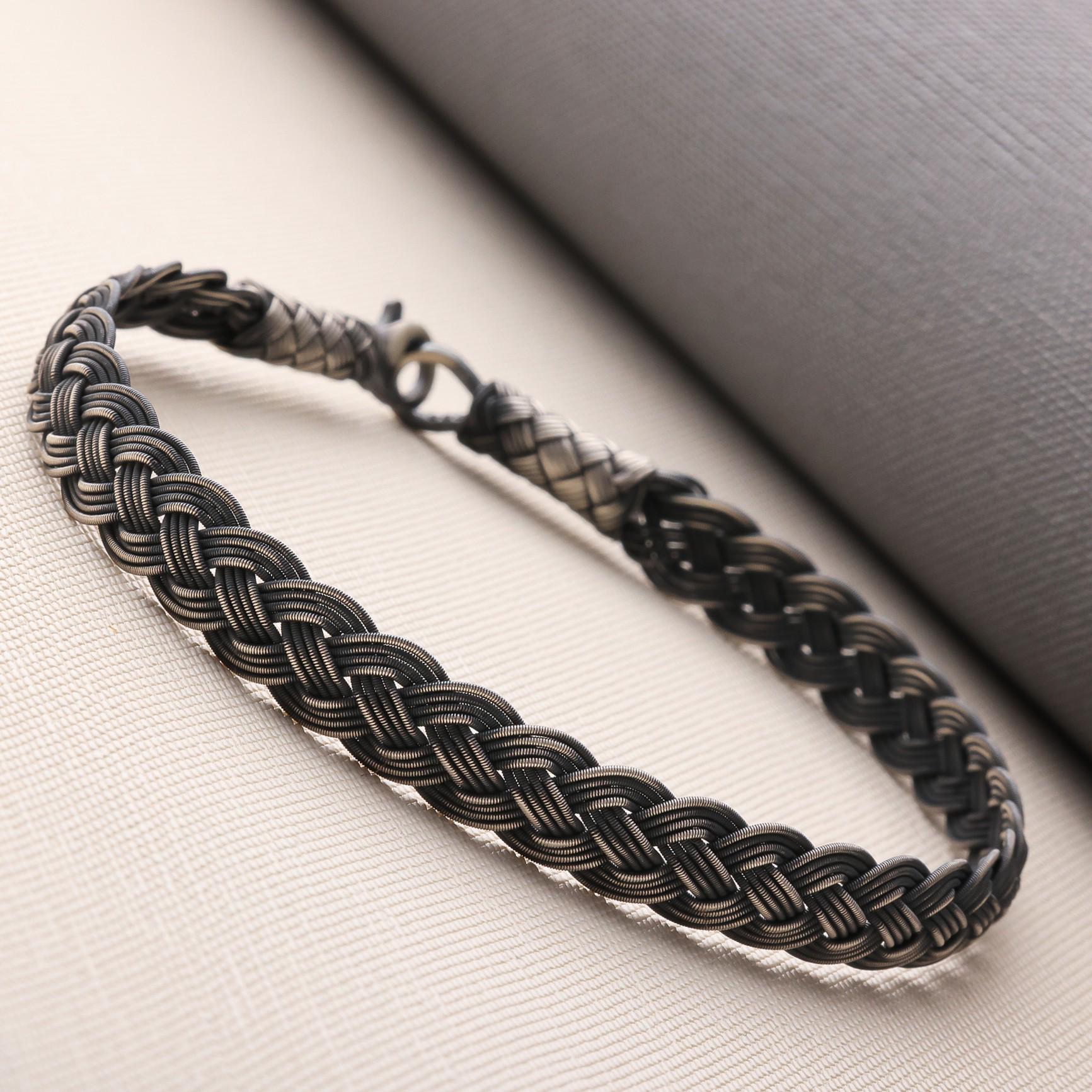 Viking Bracelet - Mens Leather Cuff Bracelet, Celtic Engraved Sterling Silver Braided Viking Norse