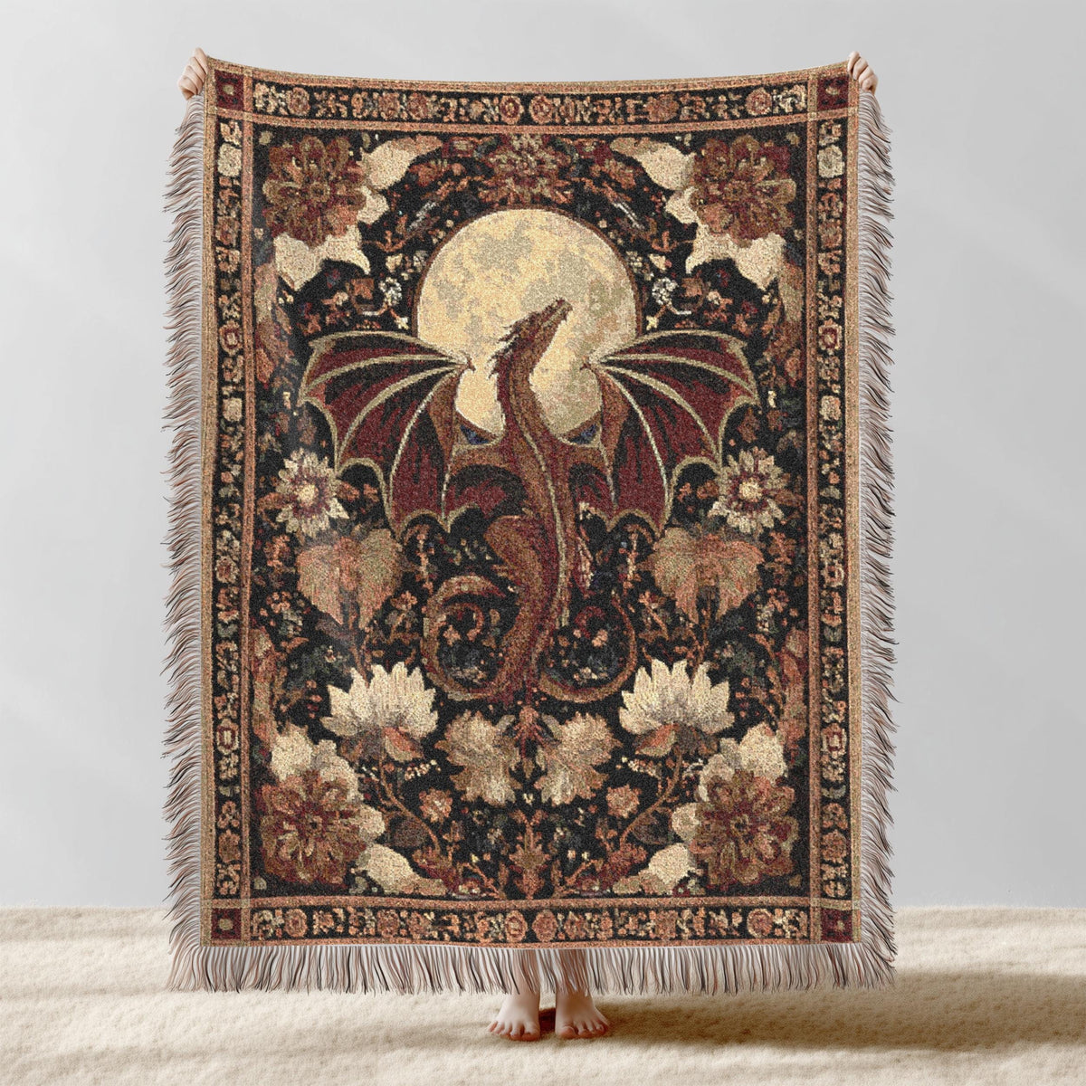 Viking Blanket - Viking Nordic Dragon Woven Cotton Throw Blanket, Fringed Tapestry Decor