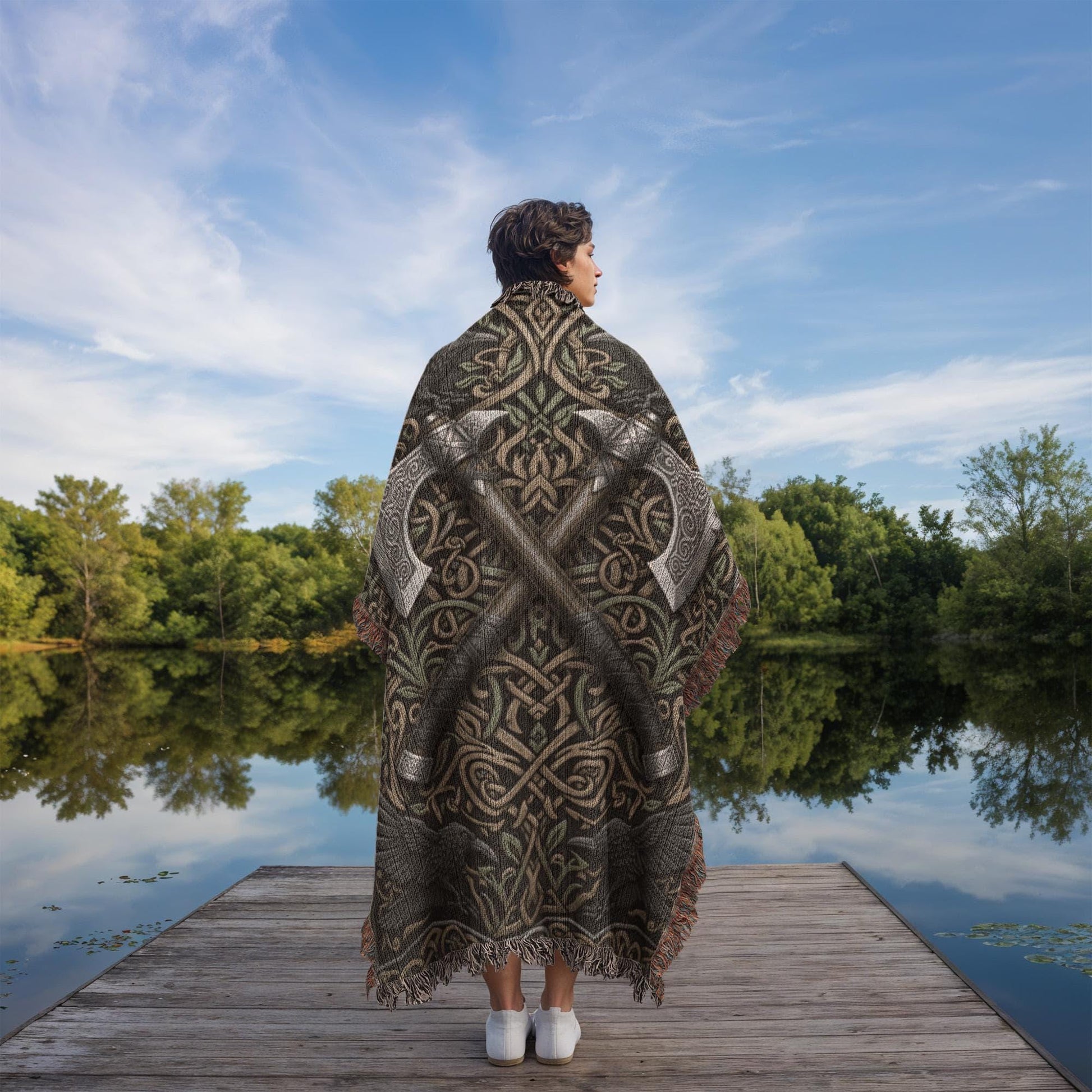 Viking Raven Blanket - Viking Axes Woven Throw Blanket, Norse Raven Celtic Knot Tapestry, Medieval