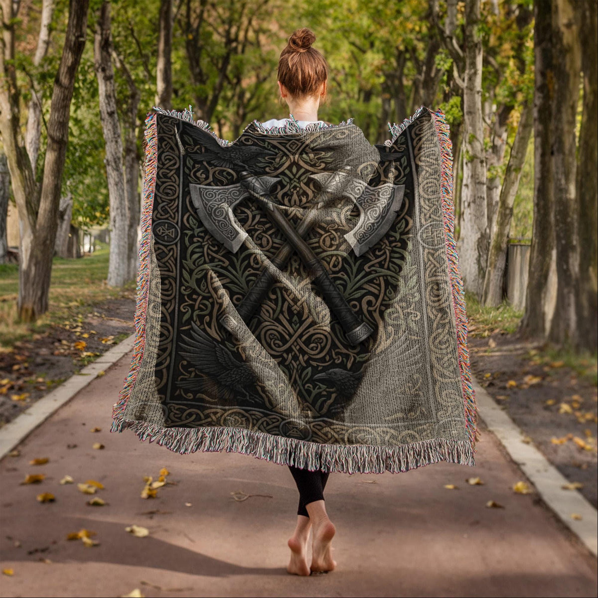 Viking Raven Blanket - Viking Axes Woven Throw Blanket, Norse Raven Celtic Knot Tapestry, Medieval