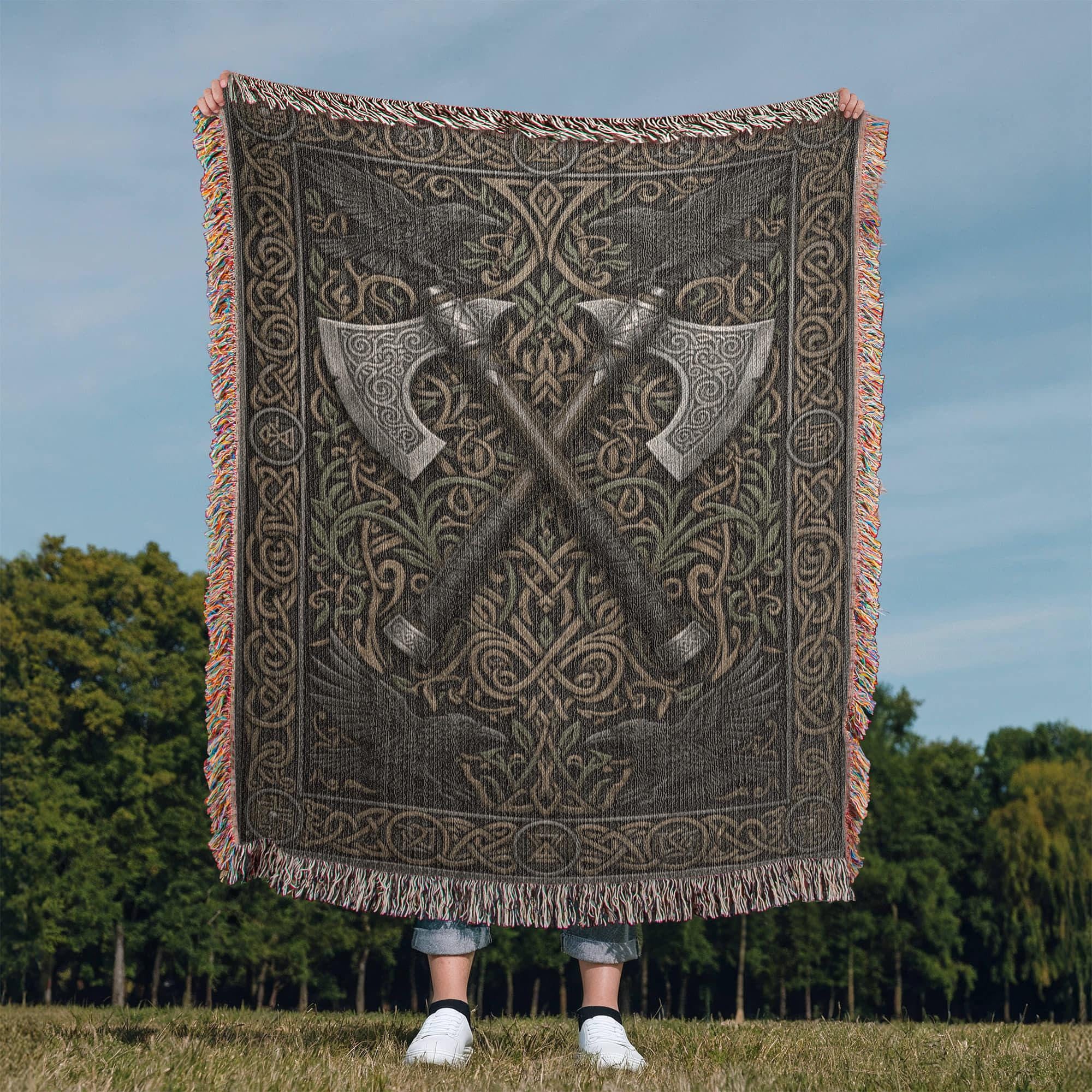 Viking Raven Blanket - Viking Axes Woven Throw Blanket, Norse Raven Celtic Knot Tapestry, Medieval