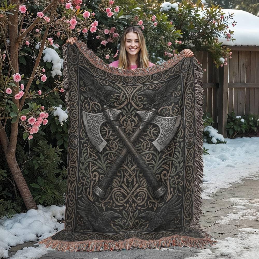 Viking Raven Blanket - Viking Axes Woven Throw Blanket, Norse Raven Celtic Knot Tapestry, Medieval