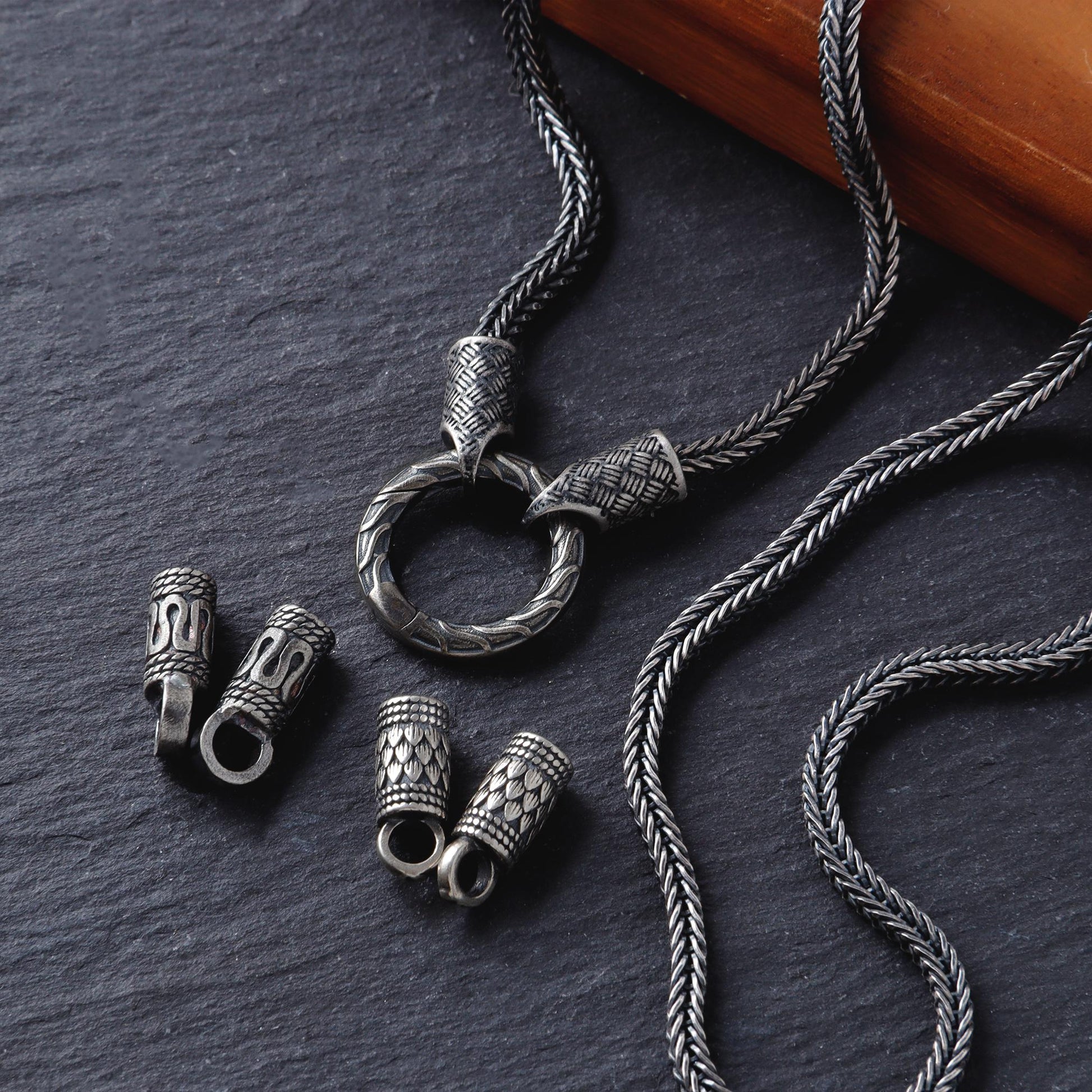 Viking Necklace - Mens Necklace Personalized 3mm Foxtail Chain Oxidized Sterling Silver Viking