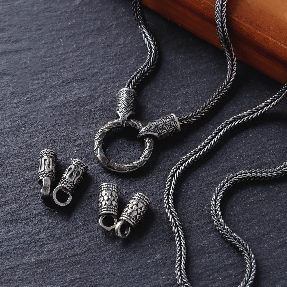 Viking Necklace - Mens Necklace Personalized 3mm Foxtail Chain Oxidized Sterling Silver Viking