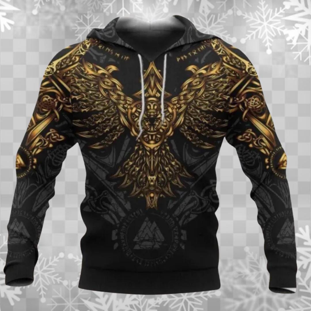 Viking Wolf Hoodie - Norse Viking Wolf Hoodie – Black Runic Vegvisir Sleeve, Raven & Wolf Art