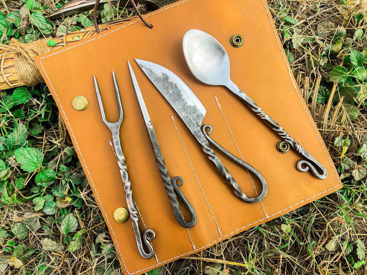 Viking Leather Accessory - Hand Forged Viking Cutlery Set – High Carbon Steel Medieval Utensils Set