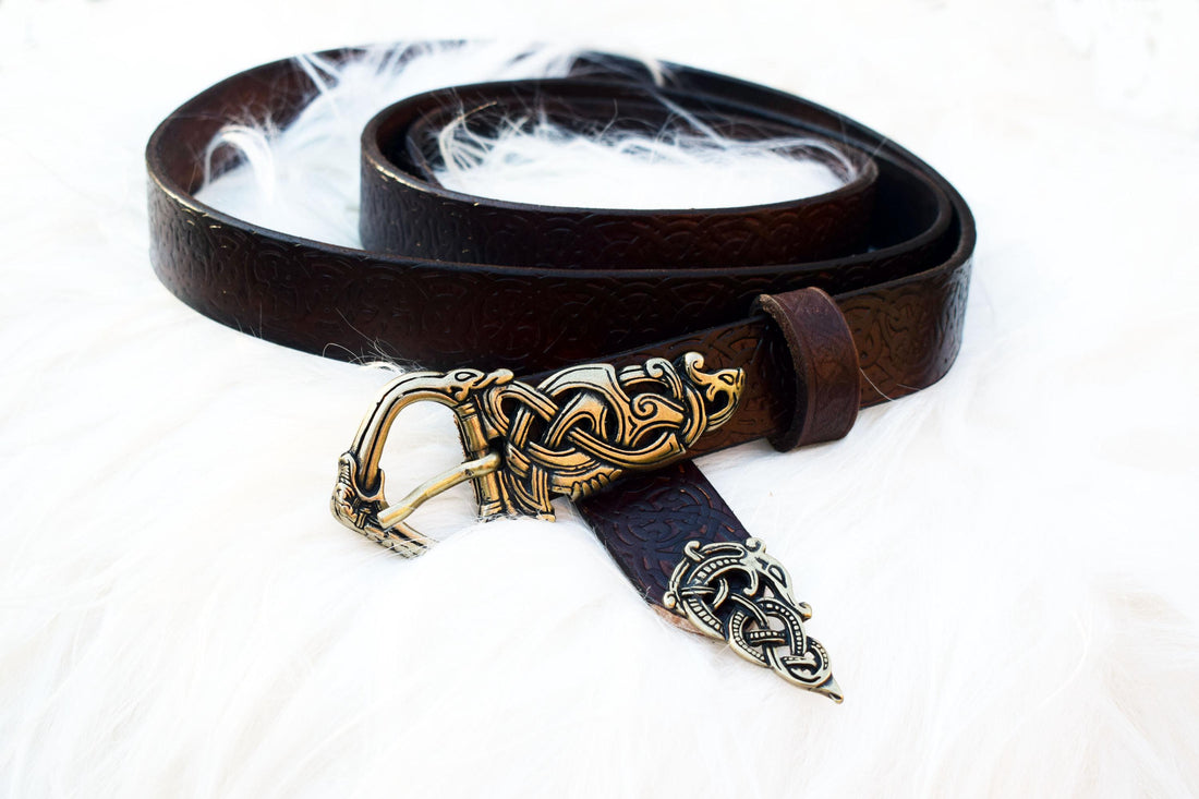 Viking Leather Accessory - Embossed Viking belt from brown or black 3, 2mm leather, with bronze