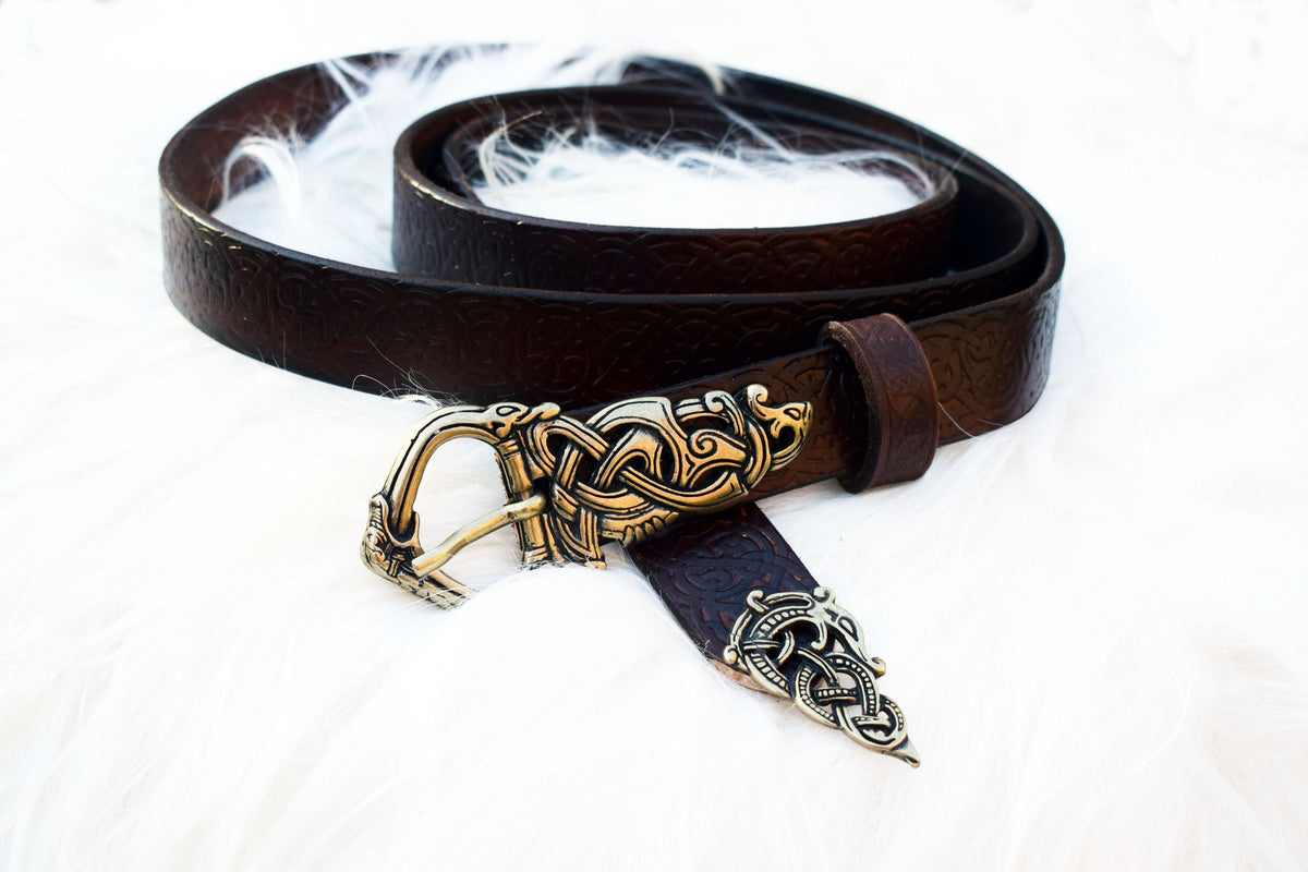 Viking Leather Accessory - Embossed Viking belt from brown or black 3, 2mm leather, with bronze