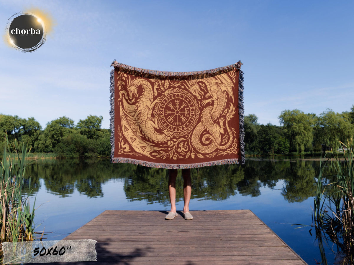 Viking Blanket - Viking Nordic Dragon Woven Cotton Throw Blanket, Fringed Tapestry Decor