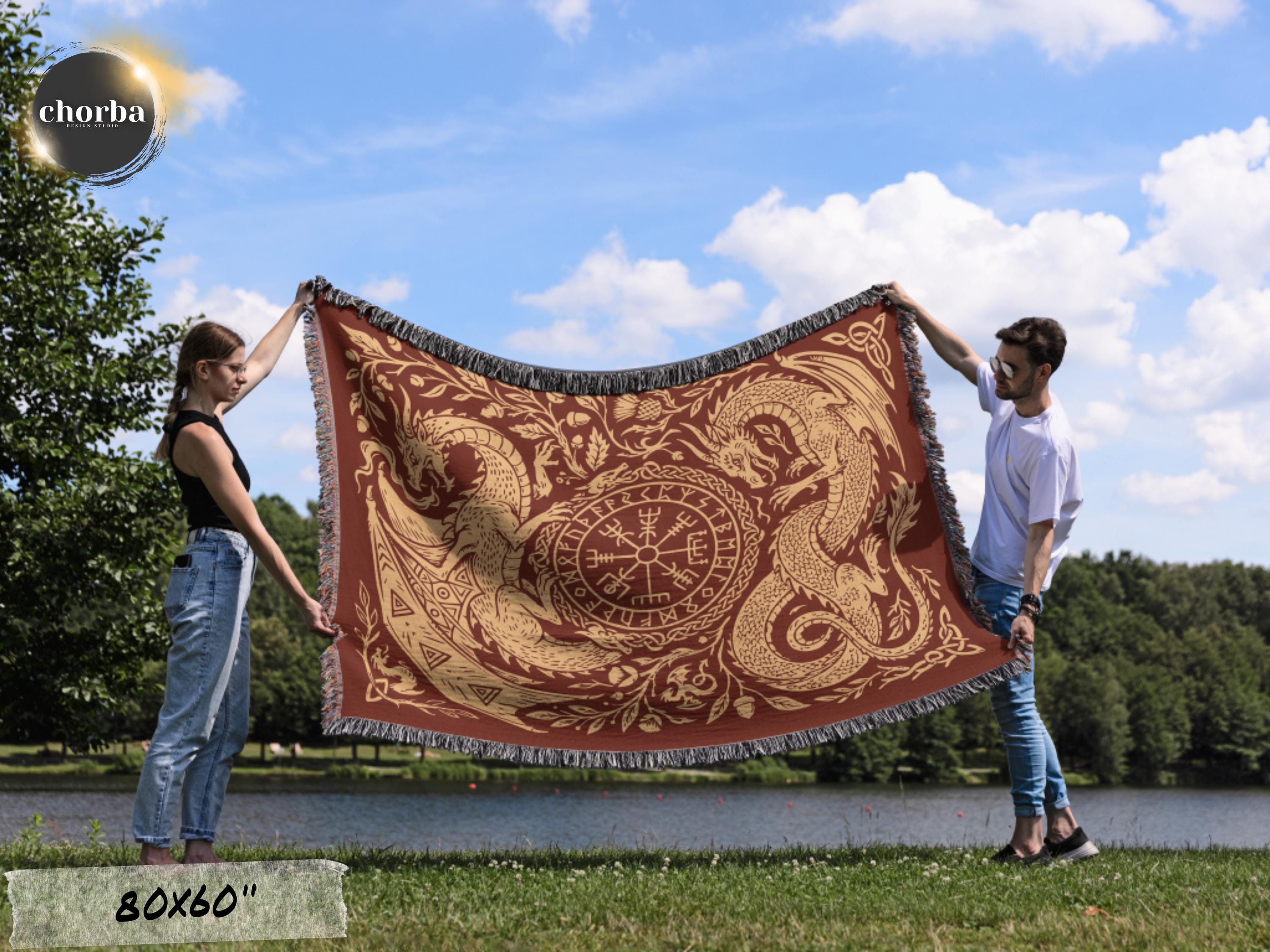 Viking Blanket - Viking Nordic Dragon Woven Cotton Throw Blanket, Fringed Tapestry Decor