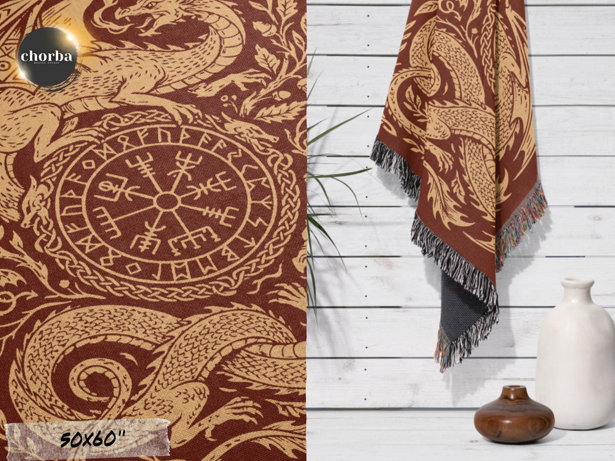 Viking Blanket - Viking Nordic Dragon Woven Cotton Throw Blanket, Fringed Tapestry Decor