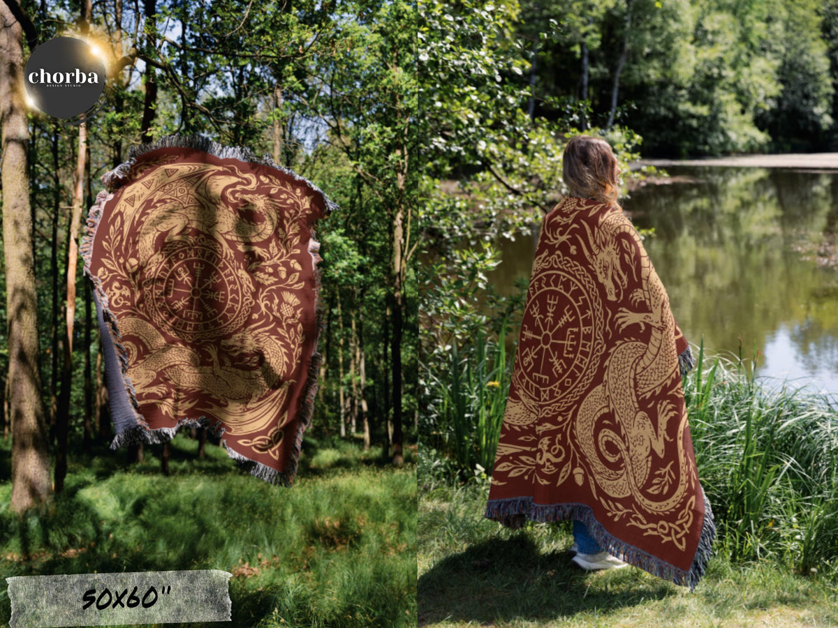 Viking Blanket - Viking Nordic Dragon Woven Cotton Throw Blanket, Fringed Tapestry Decor