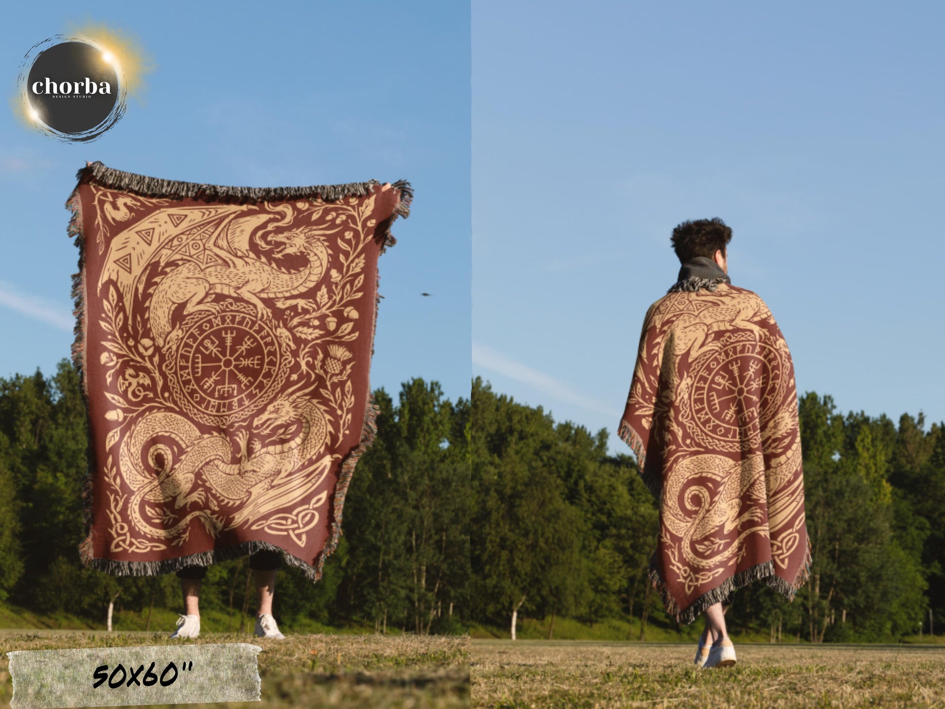Viking Blanket - Viking Nordic Dragon Woven Cotton Throw Blanket, Fringed Tapestry Decor