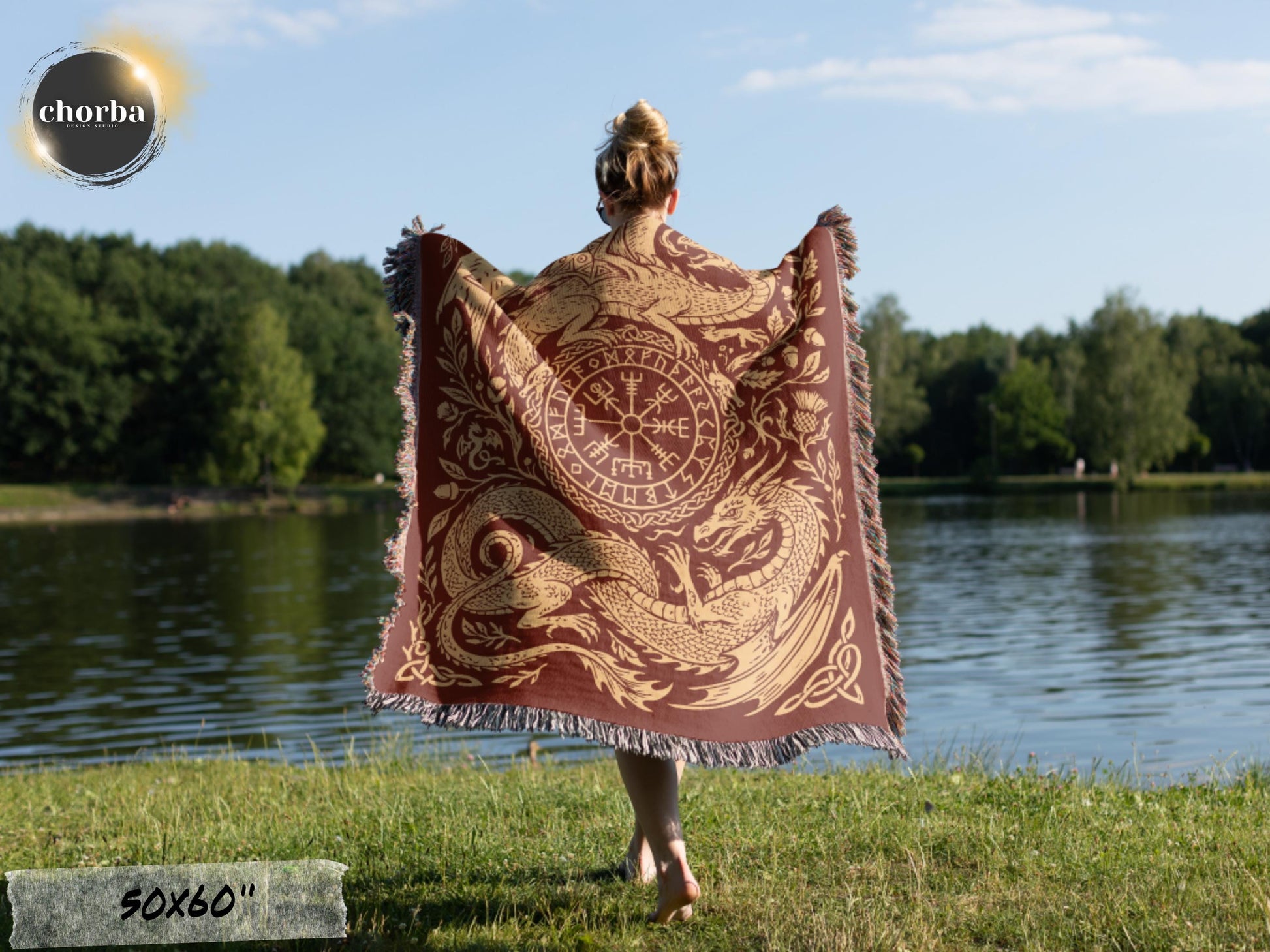 Viking Blanket - Viking Nordic Dragon Woven Cotton Throw Blanket, Fringed Tapestry Decor