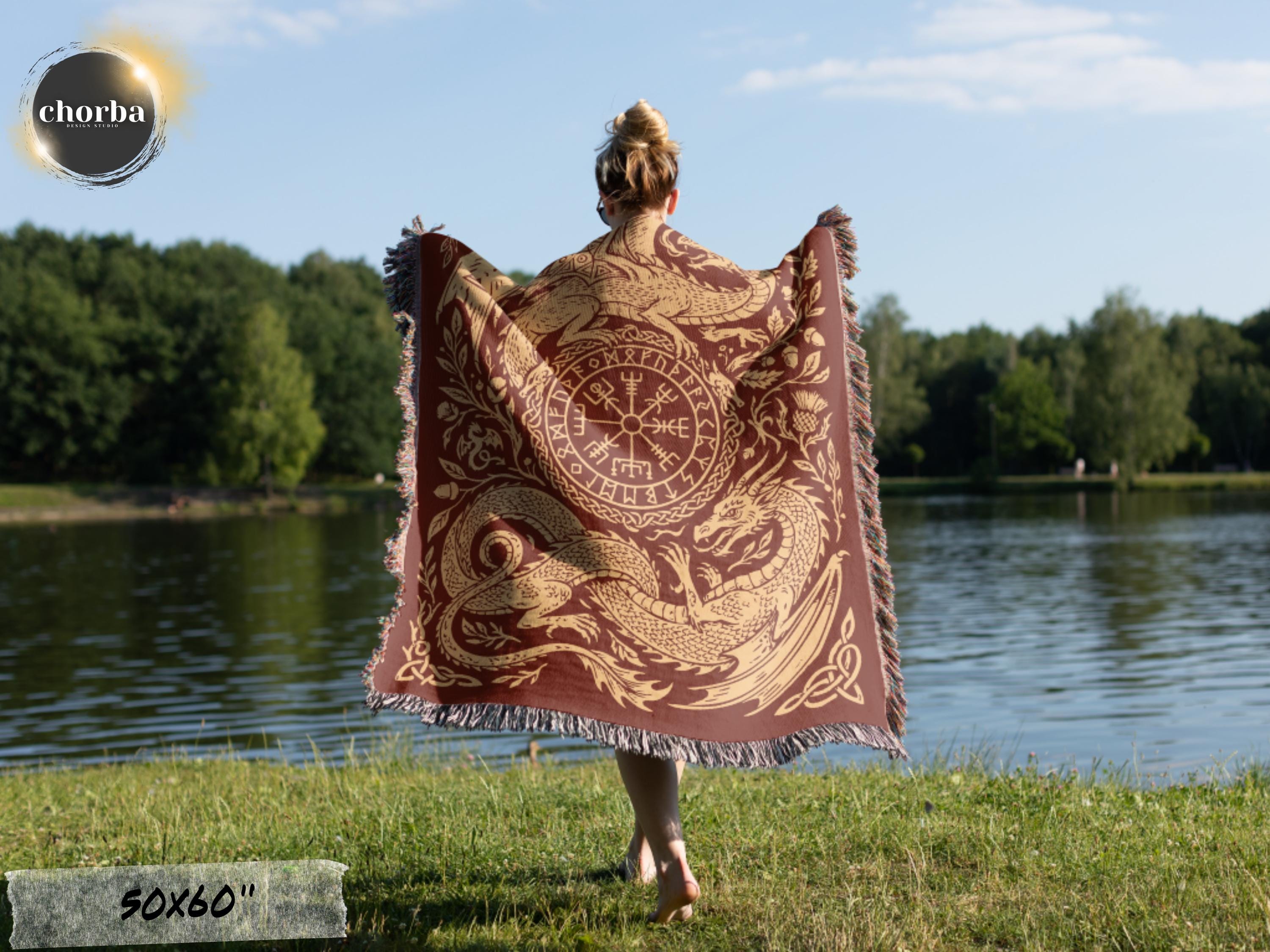 Viking Blanket - Viking Nordic Dragon Woven Cotton Throw Blanket, Fringed Tapestry Decor