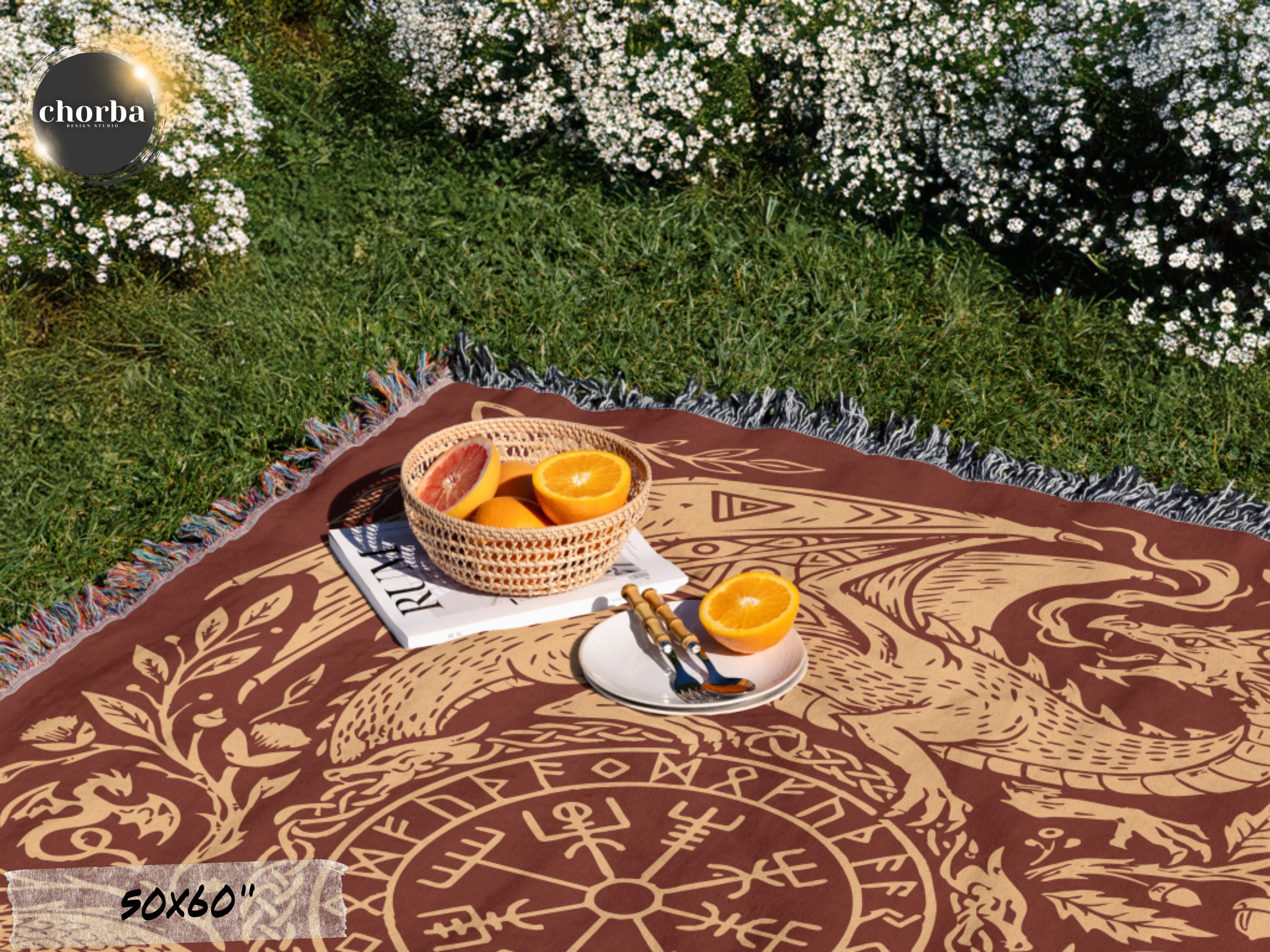 Viking Blanket - Viking Nordic Dragon Woven Cotton Throw Blanket, Fringed Tapestry Decor