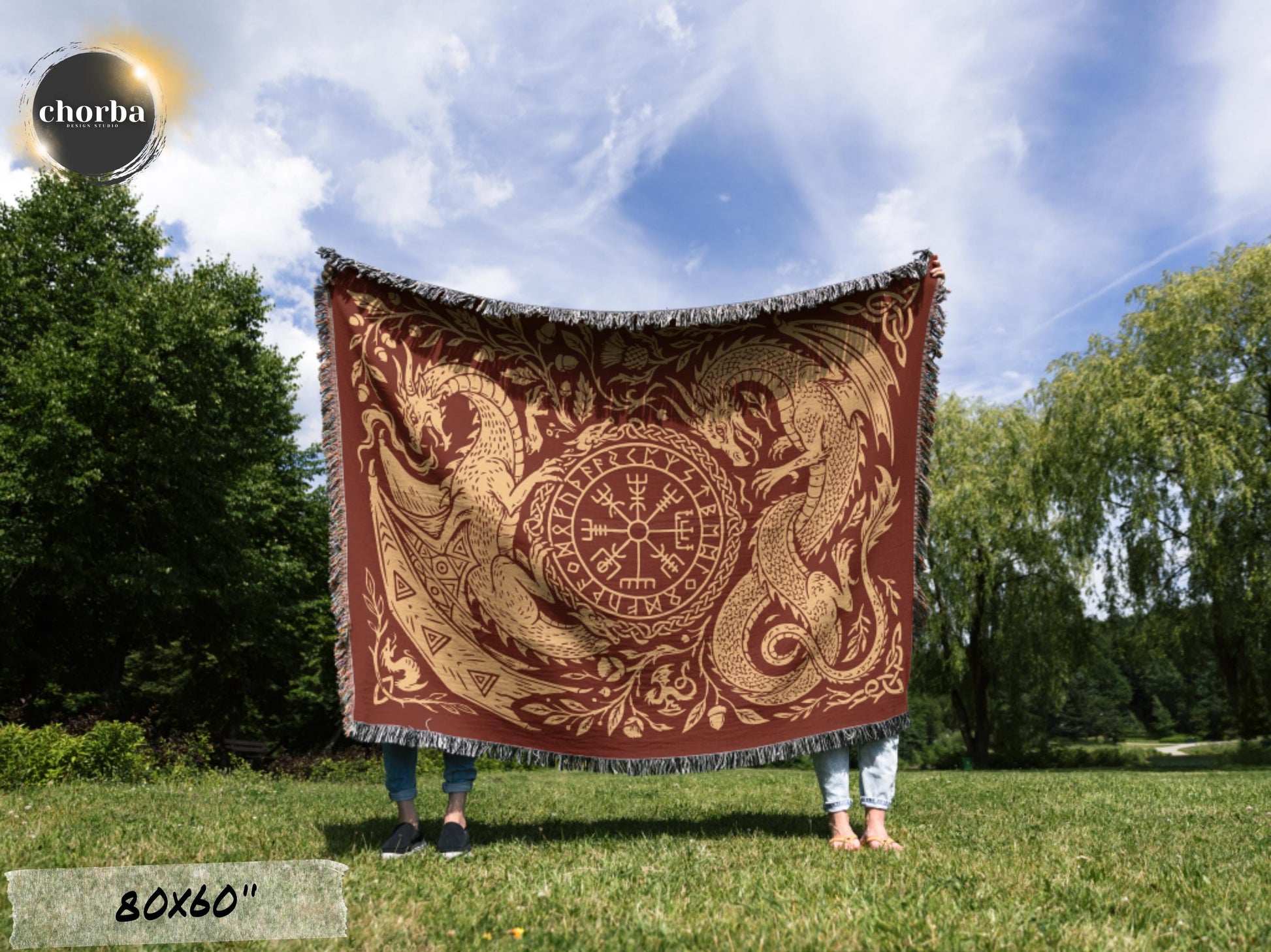 Viking Blanket - Viking Nordic Dragon Woven Cotton Throw Blanket, Fringed Tapestry Decor