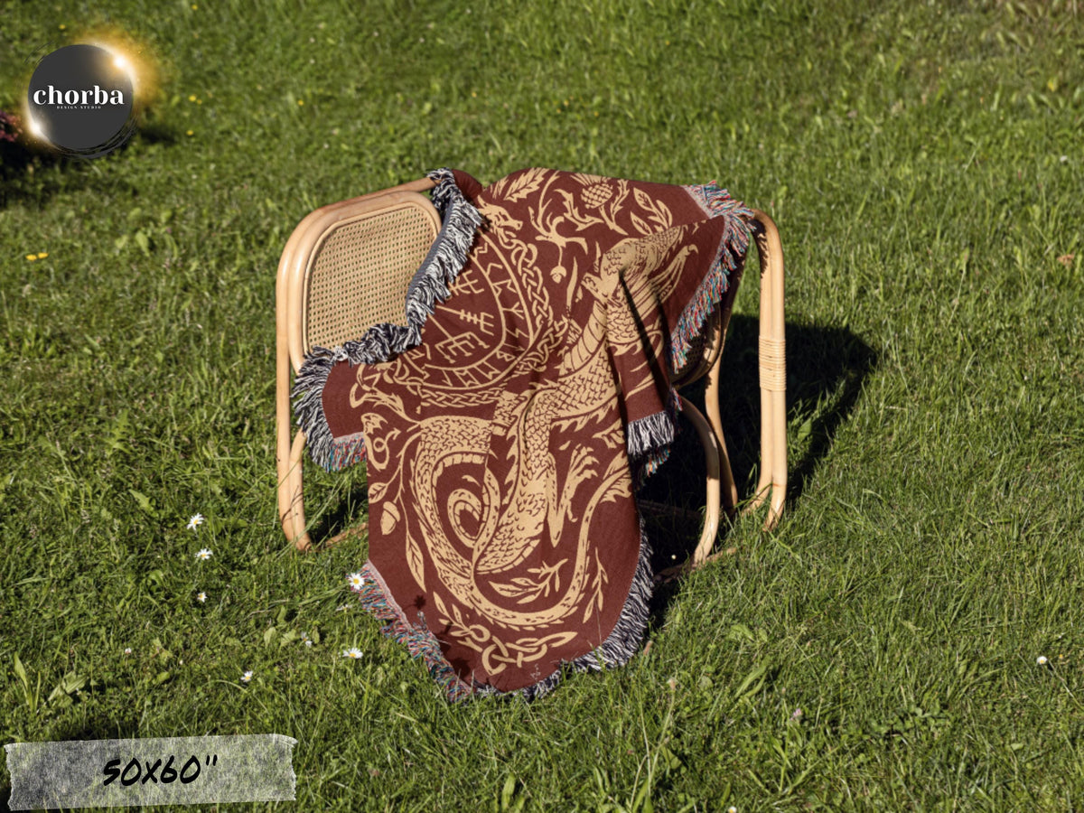 Viking Blanket - Viking Nordic Dragon Woven Cotton Throw Blanket, Fringed Tapestry Decor
