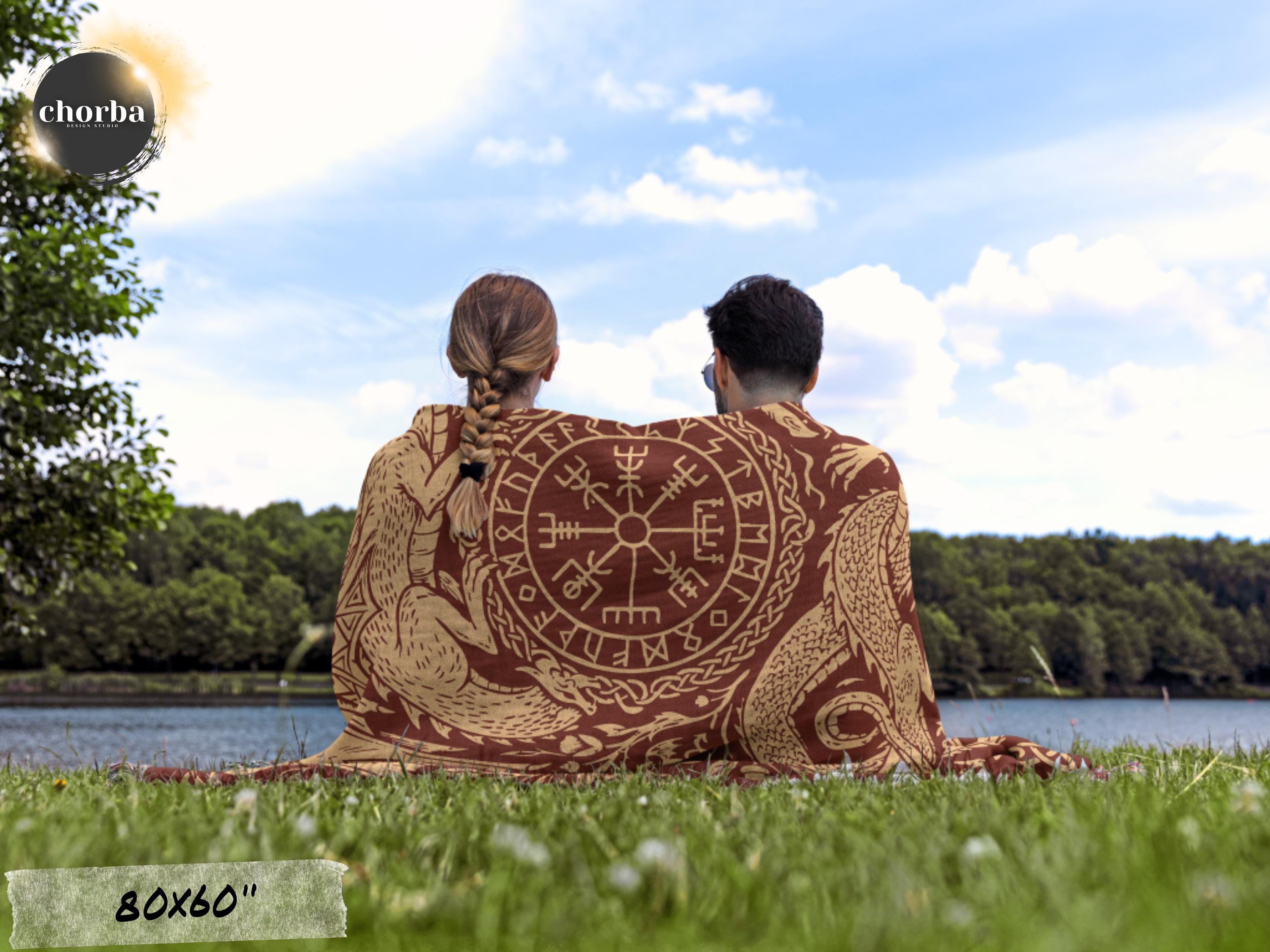 Viking Blanket - Viking Nordic Dragon Woven Cotton Throw Blanket, Fringed Tapestry Decor