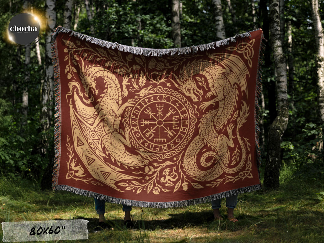 Viking Blanket - Viking Nordic Dragon Woven Cotton Throw Blanket, Fringed Tapestry Decor