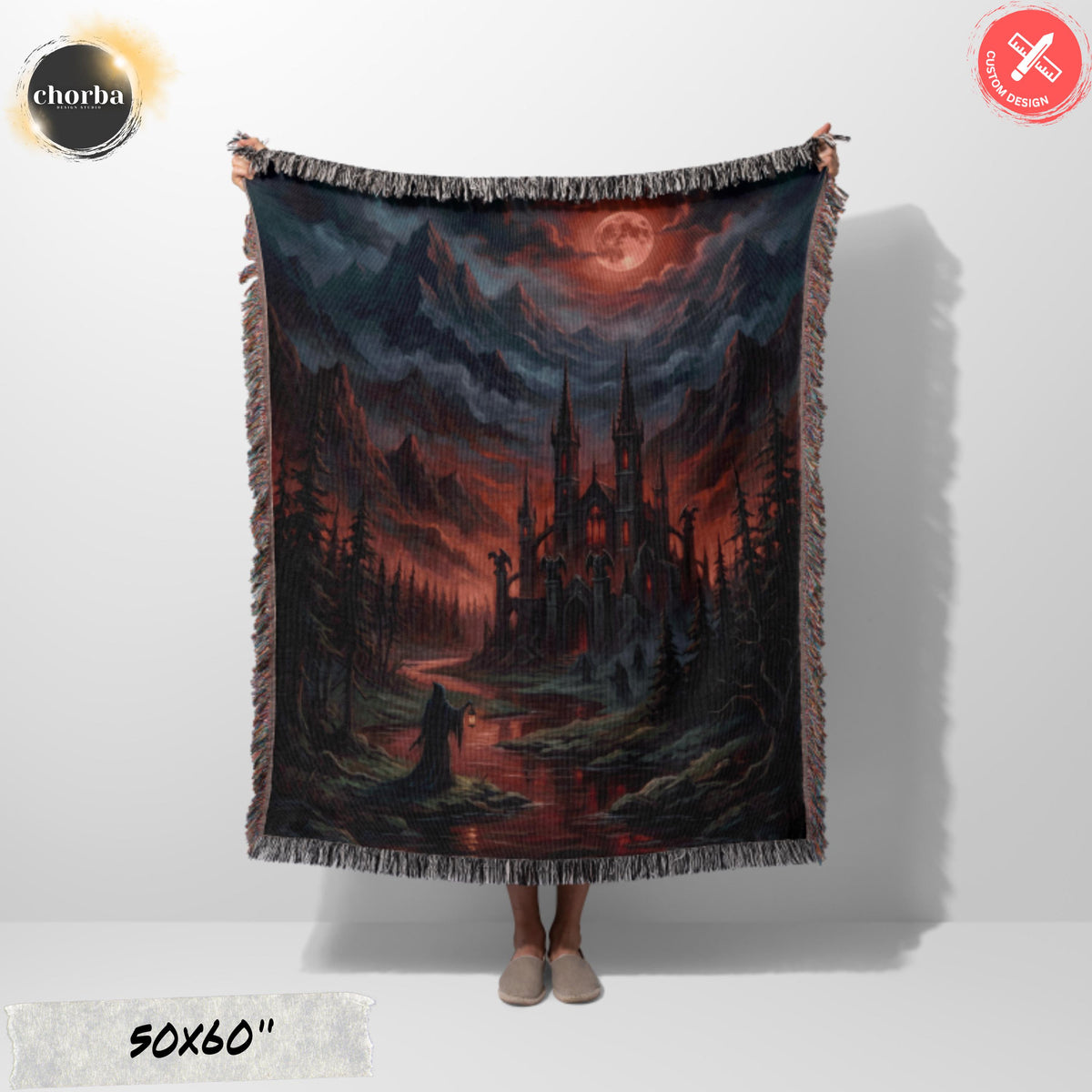 Viking Blanket - Viking Nordic Dragon Woven Cotton Throw Blanket, Fringed Tapestry Decor