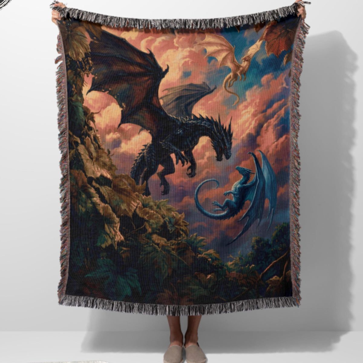 Viking Blanket - Viking Nordic Dragon Woven Cotton Throw Blanket, Fringed Tapestry Decor