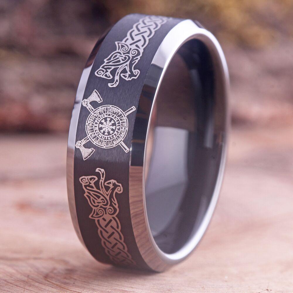 Viking Odin Ring - Sterling Viking Wolf with Runes Ring, Mens Wide Norse Wedding Ring, Braided Odin
