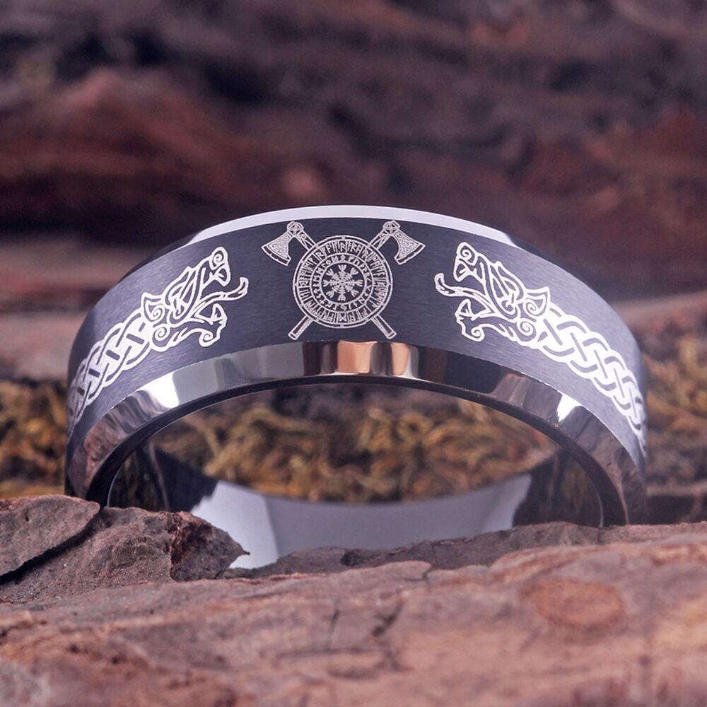 Viking Rune Ring - Viking Wedding Band Ring Nordic Ring Celtic Dragon Crossing Axes Ring Black