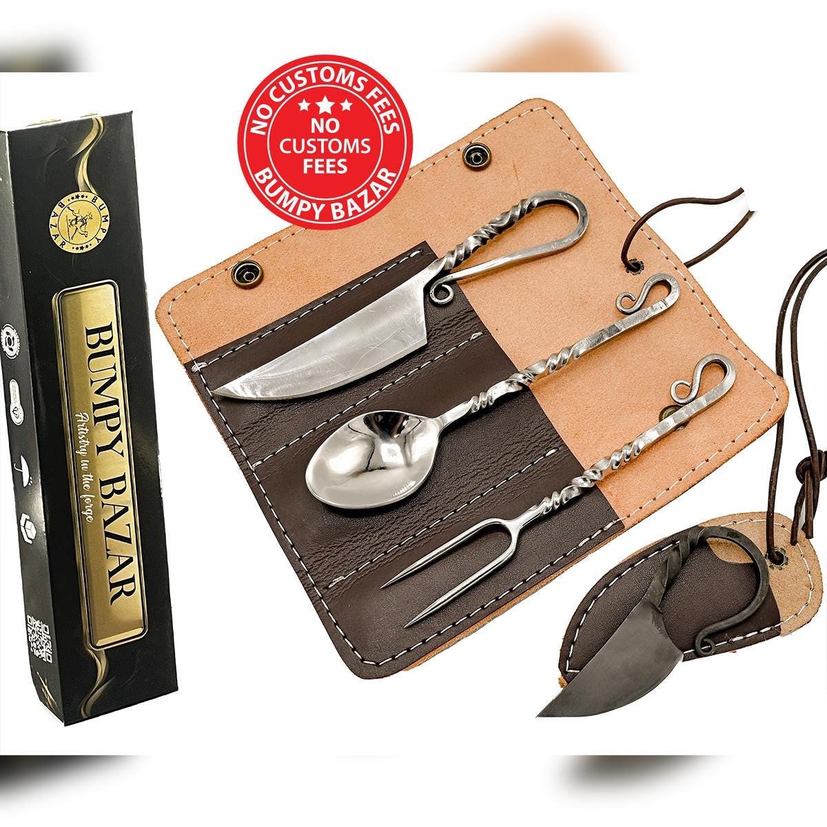 Viking Leather Accessory - Hand Forged Viking Cutlery Set – High Carbon Steel Medieval Utensils Set