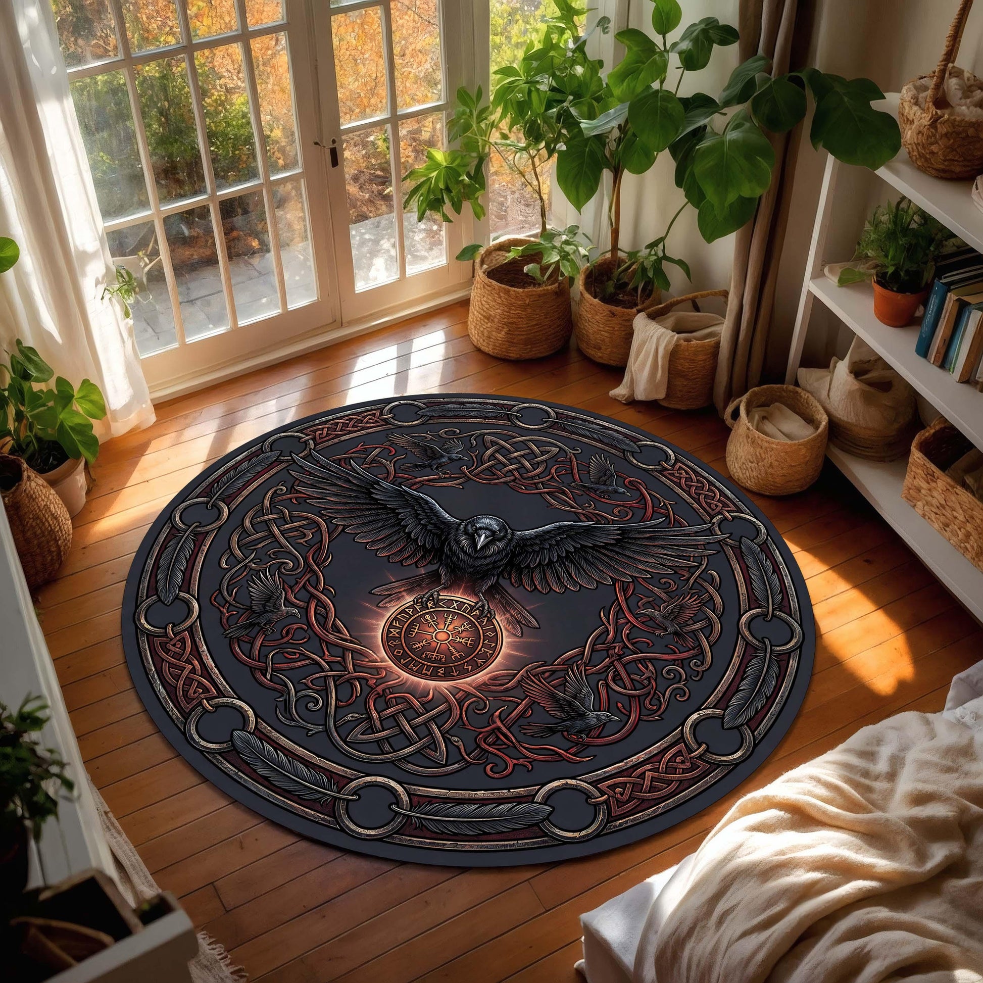Viking Raven Rug - Viking Raven Round Rug, Norse Rune Circle Carpet, Celtic Knot Boho Gothic Decor
