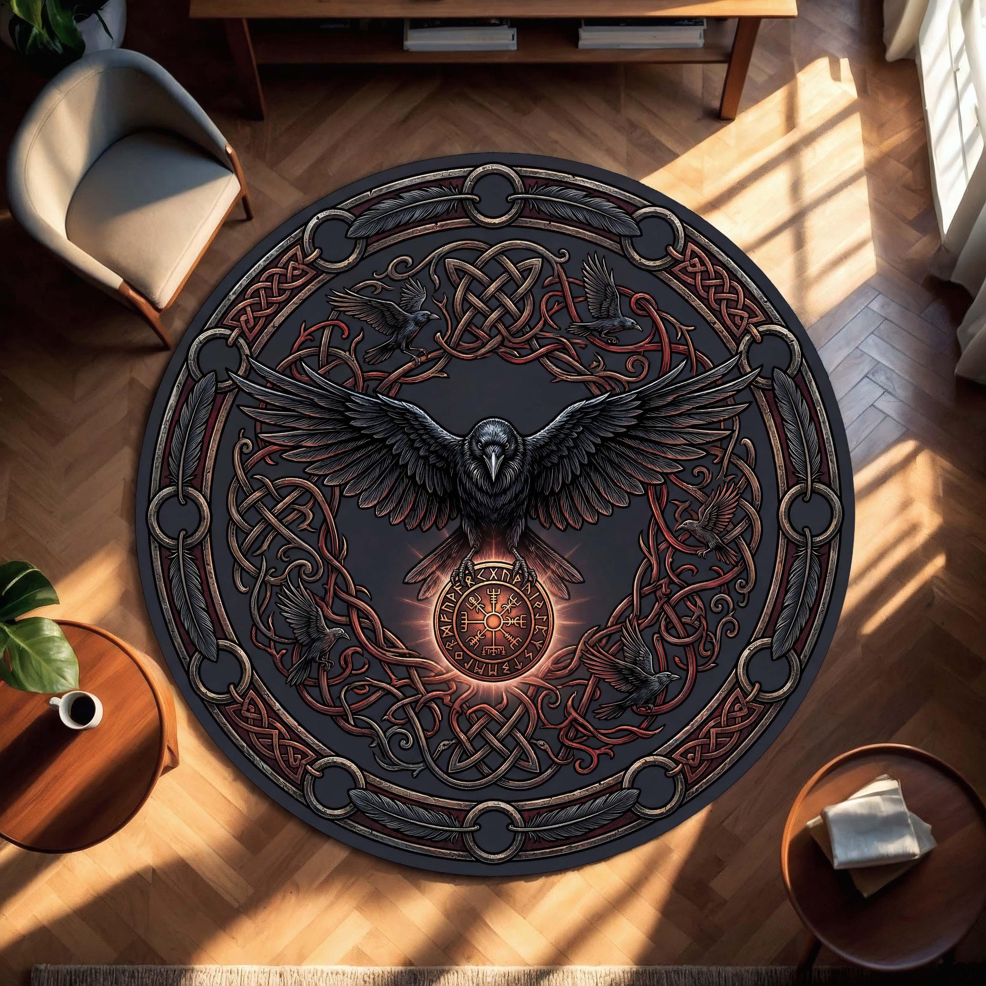 Viking Raven Rug - Viking Raven Round Rug, Norse Rune Circle Carpet, Celtic Knot Boho Gothic Decor