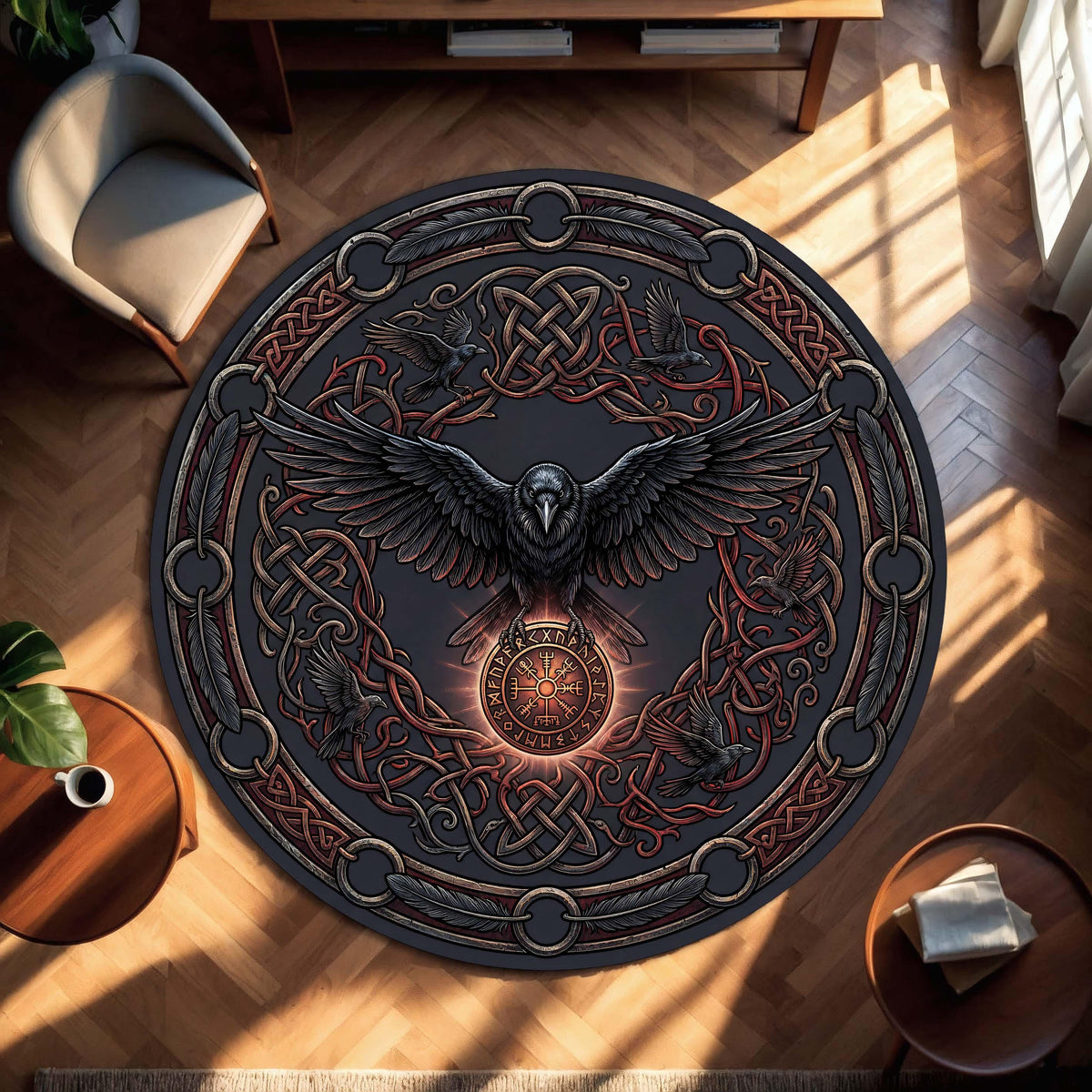 Viking Raven Rug - Viking Raven Round Rug, Norse Rune Circle Carpet, Celtic Knot Boho Gothic Decor