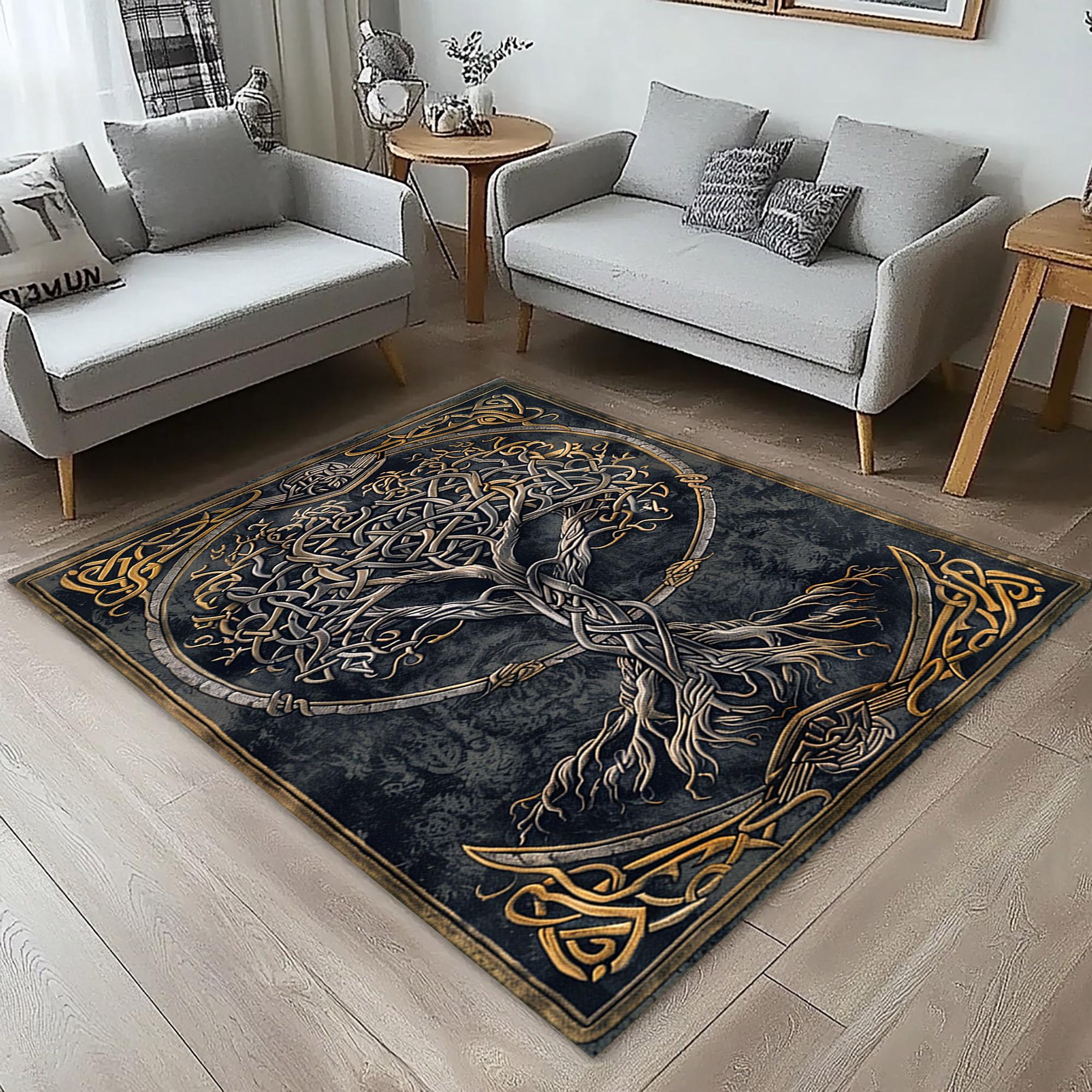 Viking Yggdrasil Tree of Life Rug - Yggdrasil Raven Rug – Green Tree of Life Carpet with Celtic