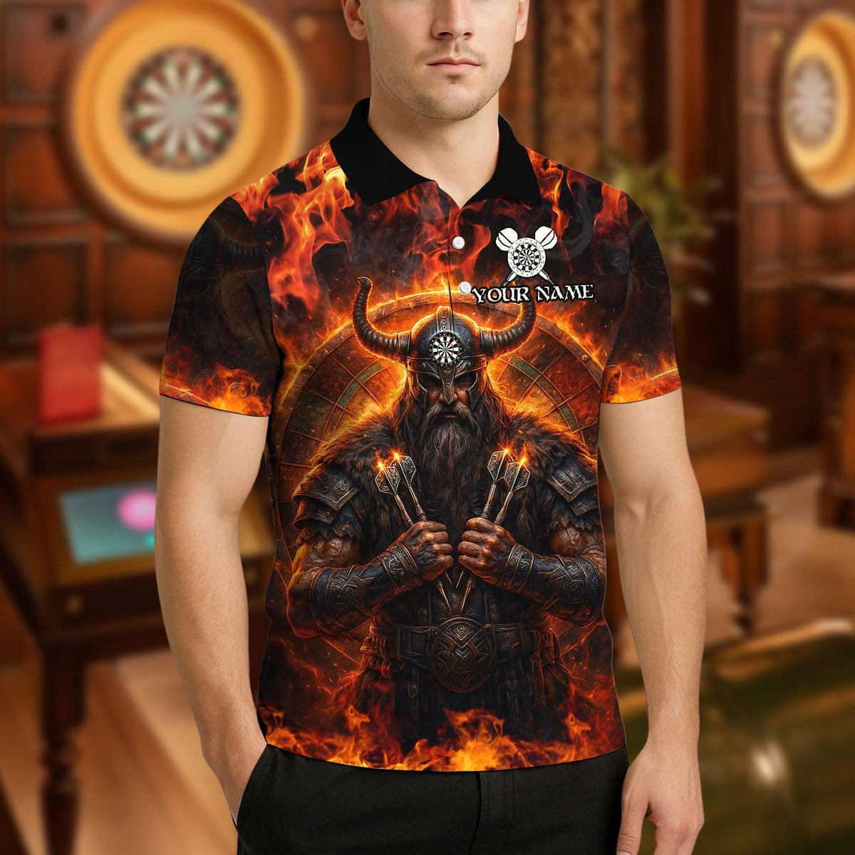 Viking T-Shirt - Personalized Name Dart Polo Shirt, Viking Fire Warrior Darts Design, Custom Team