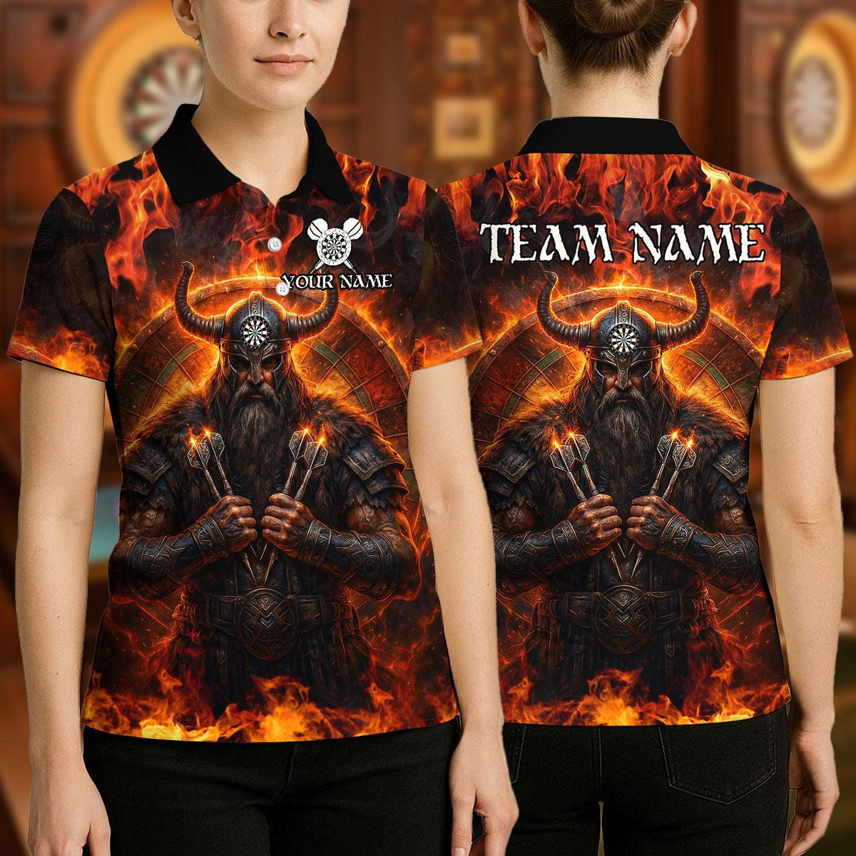 Viking T-Shirt - Personalized Name Dart Polo Shirt, Viking Fire Warrior Darts Design, Custom Team