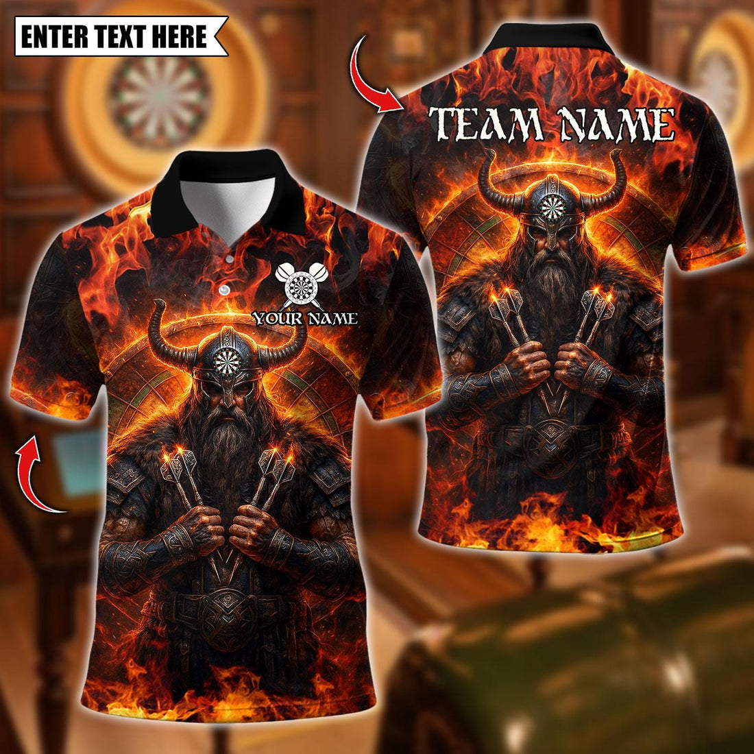 Viking T-Shirt - Personalized Name Dart Polo Shirt, Viking Fire Warrior Darts Design, Custom Team