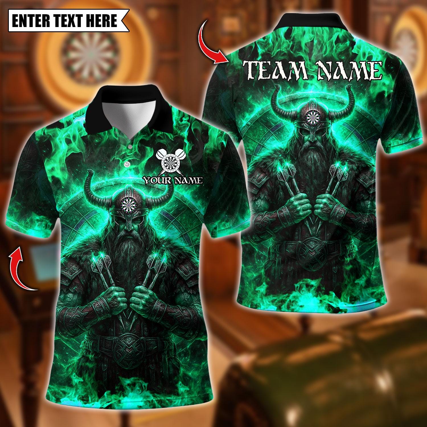 Viking T-Shirt - Personalized Name Dart Polo Shirt, Viking Fire Warrior Darts Design, Custom Team