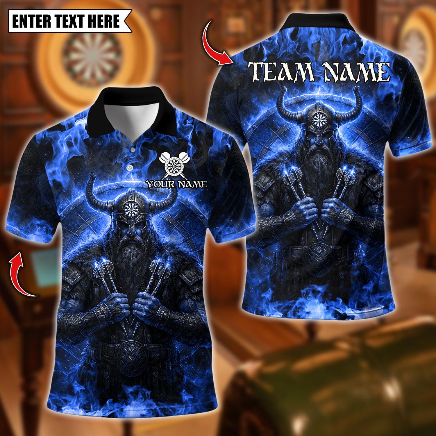 Viking T-Shirt - Personalized Name Dart Polo Shirt, Viking Fire Warrior Darts Design, Custom Team