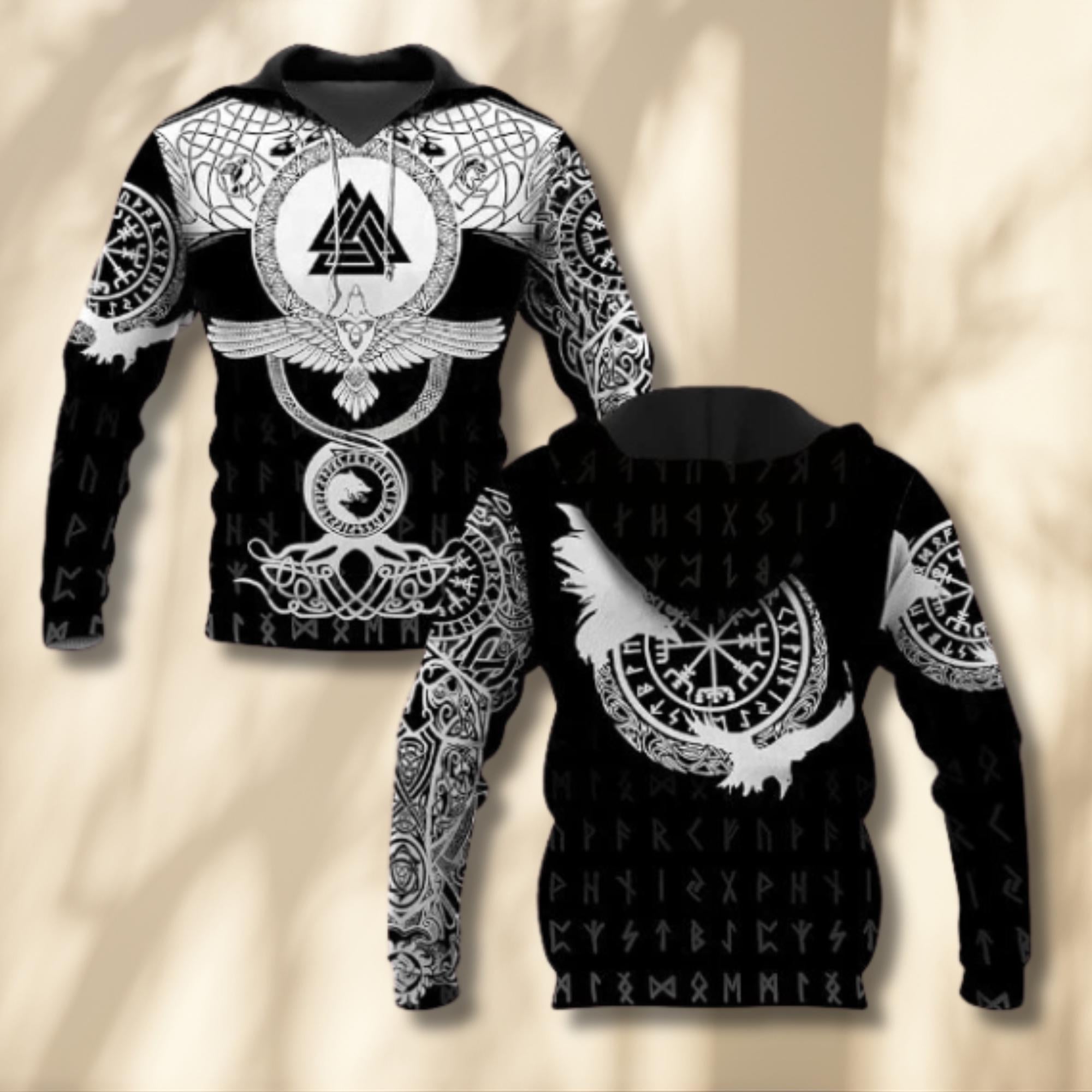 Viking Odin Hoodie - Viking Norse Mythology Hoodie, Vegvisir Compass Dragon Odin Art, Nordic Runes