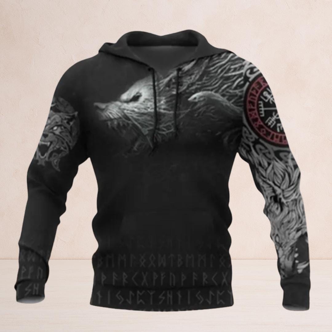 Viking Wolf Hoodie - Viking Norse Runes Hoodie Collection, Raven Wolf Dragon Vegvisir Sweatshirt