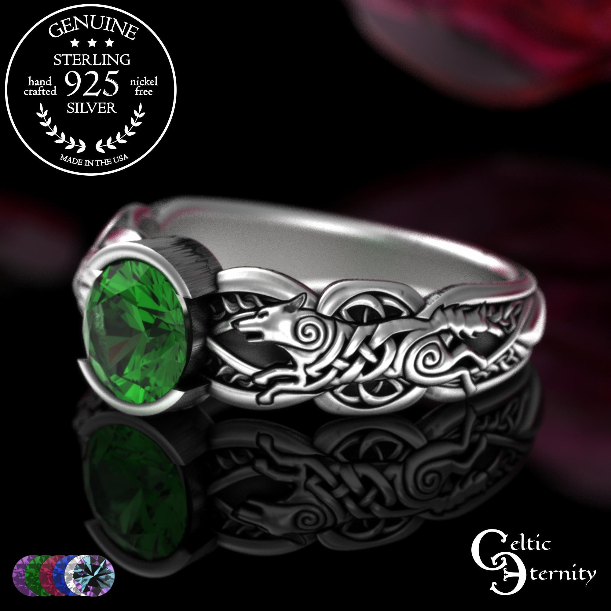 Viking Wolf Ring - Sterling Viking Wolf Solitaire Ring, Alexandrite Mated For Life Ring, Silver