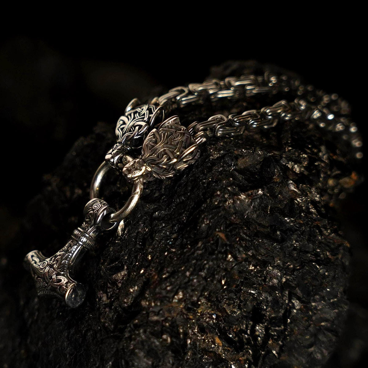Viking Thor's Hammer Necklace - Viking Stainless Steel Hammer Pendant Necklace, Wolf Head Norse